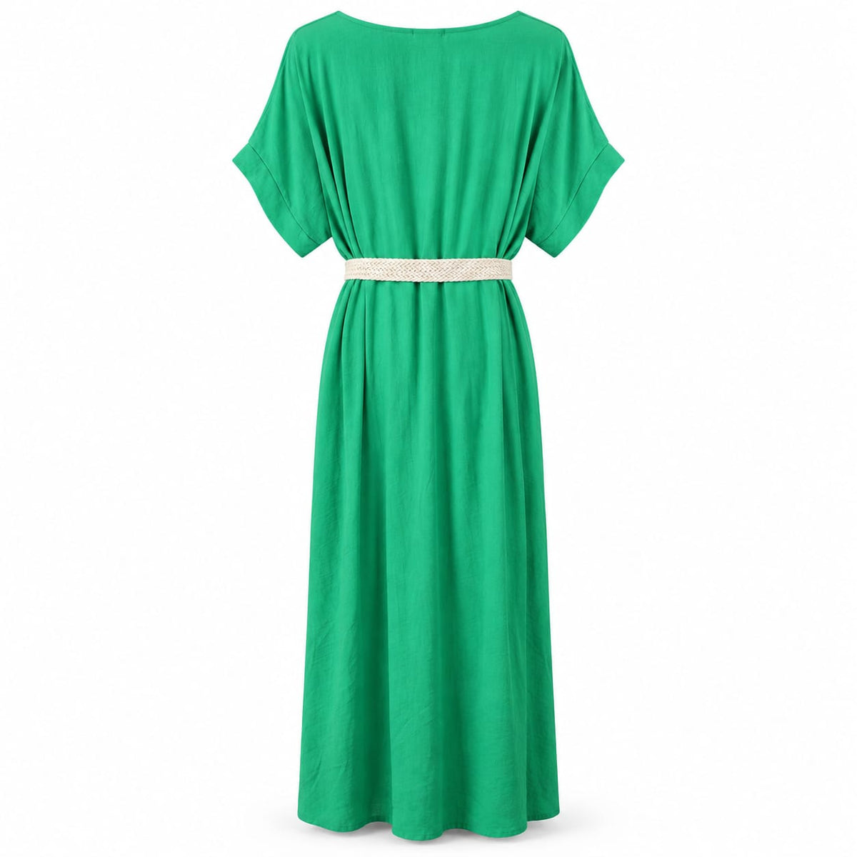 Rochie lunga verde cu decolteu in V si curea impletita, L/XL - Lichidare stoc