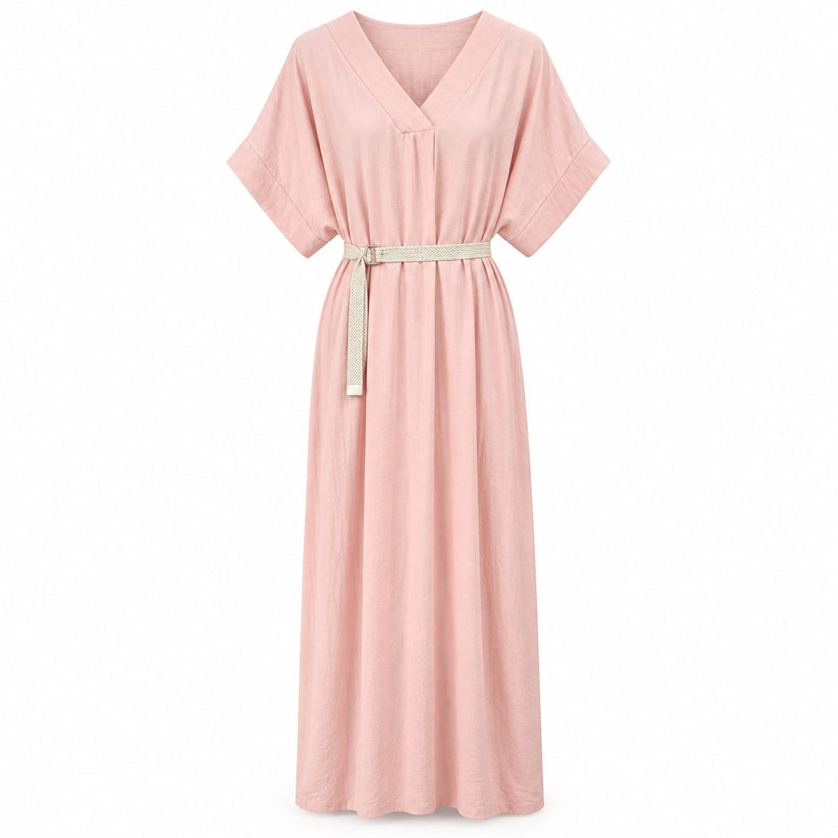 Rochie lunga roz pudrat cu decolteu in V si curea impletita, L/XL - Lichidare stoc