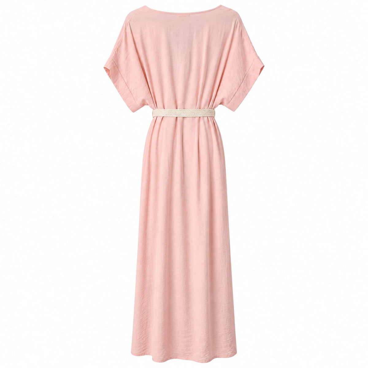 Rochie lunga roz pudrat cu decolteu in V si curea impletita, L/XL - Lichidare stoc