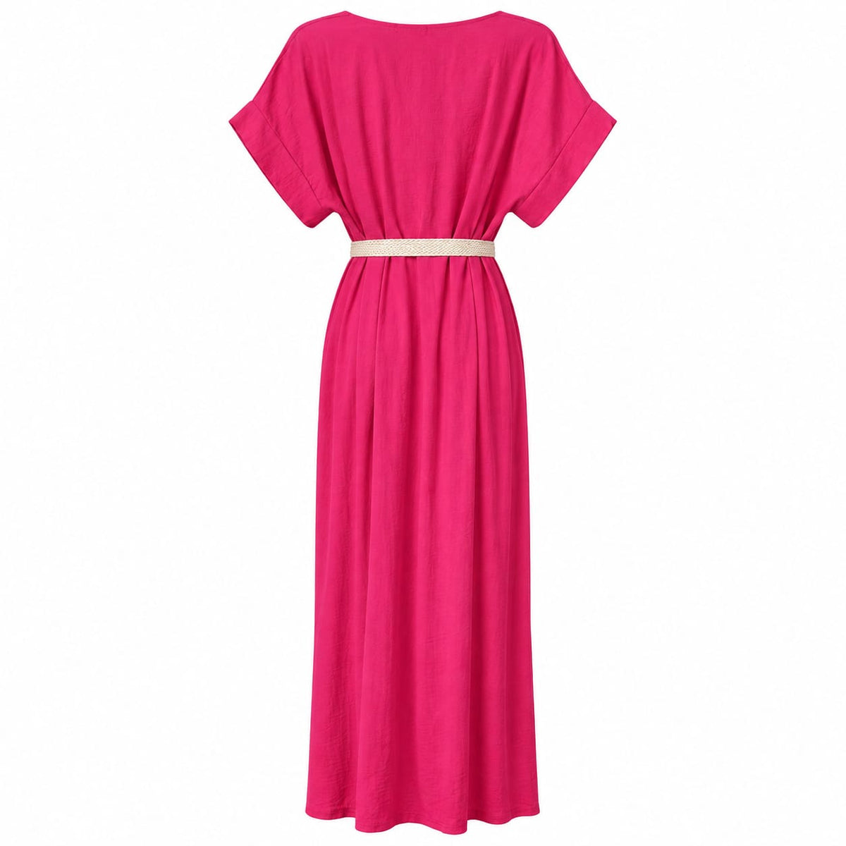 Rochie lunga fucsia cu decolteu in V si curea impletita, S/M si L/XL - Lichidare stoc