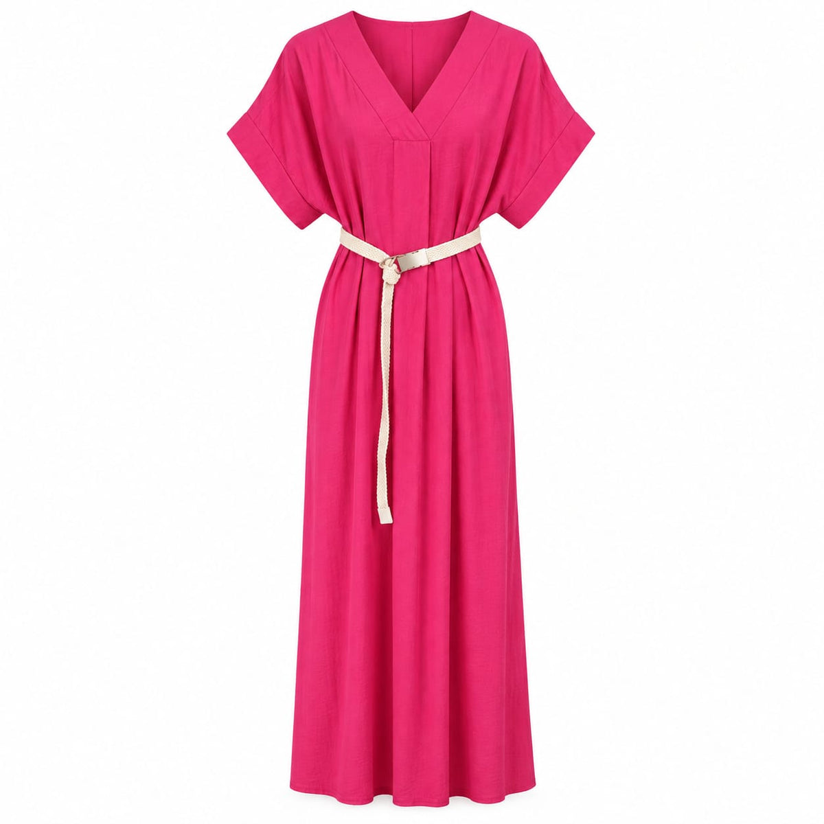 Rochie lunga fucsia cu decolteu in V si curea impletita, S/M si L/XL - Lichidare stoc