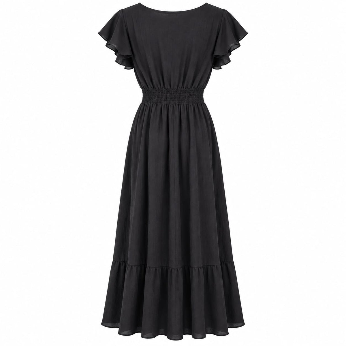 Rochie lunga neagra cu decolteu in V si volane, S/M - Lichidare stoc