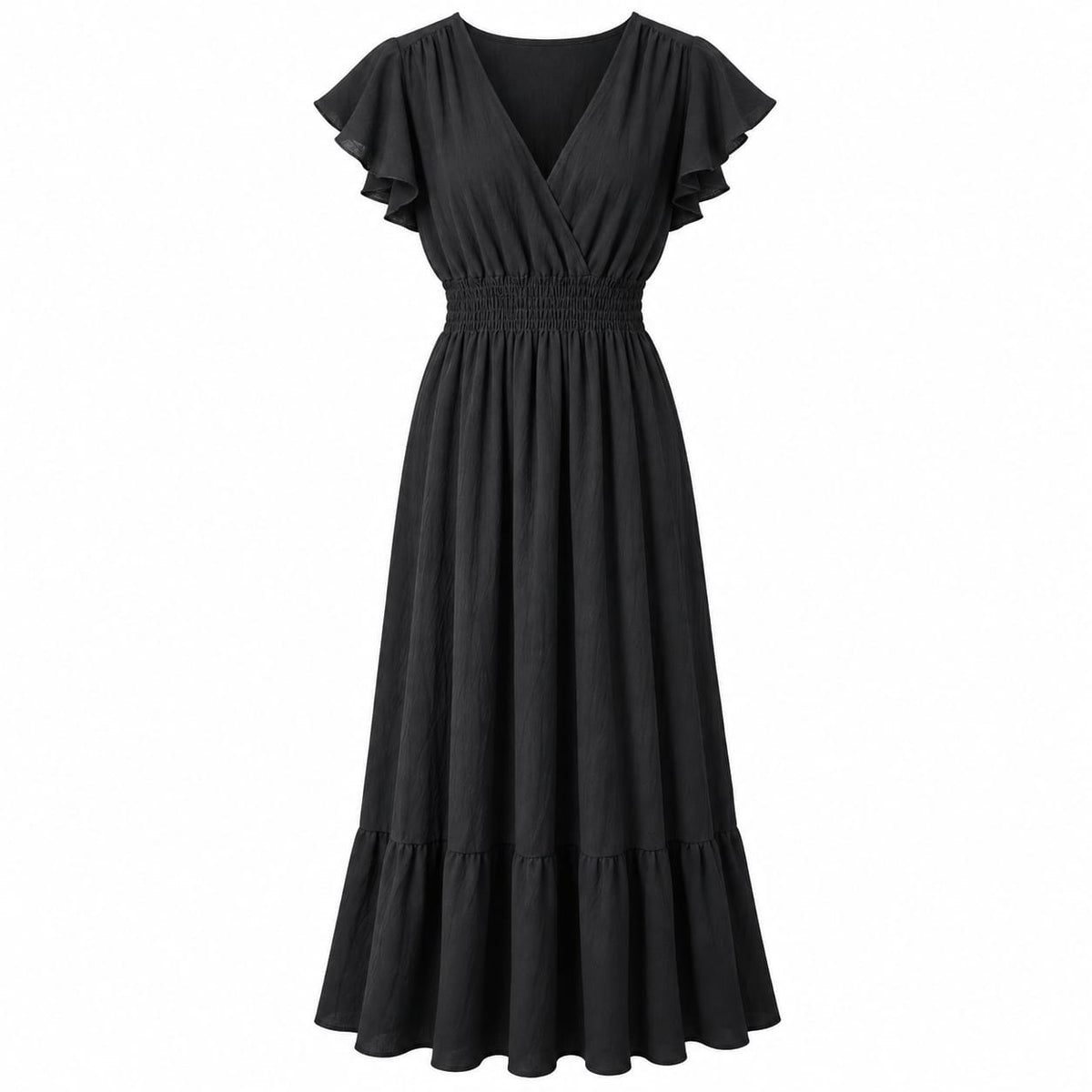 Rochie lunga neagra cu decolteu in V si volane, S/M - Lichidare stoc