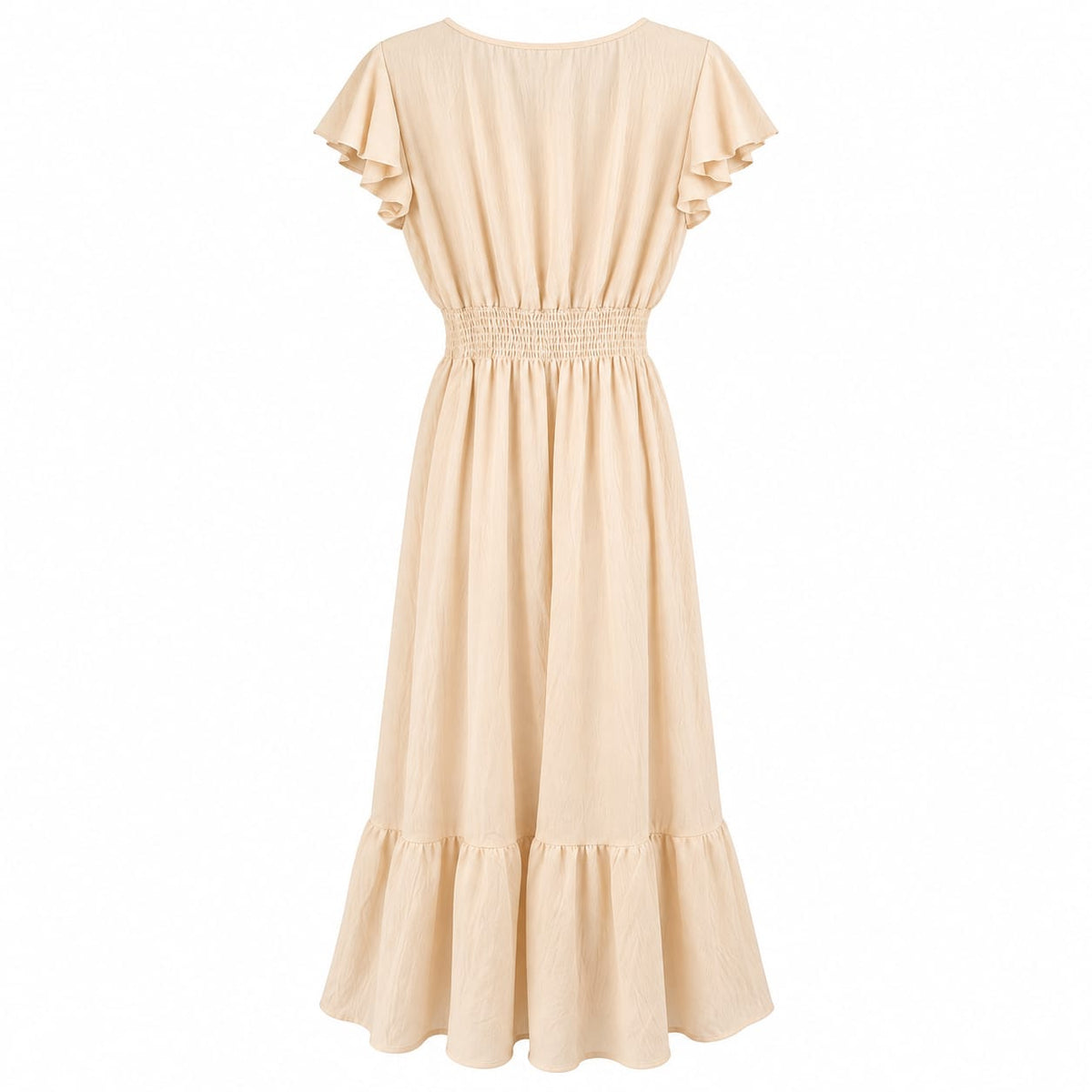Rochie lunga crem cu decolteu in V si volane, S/M si L/XL - Lichidare stoc