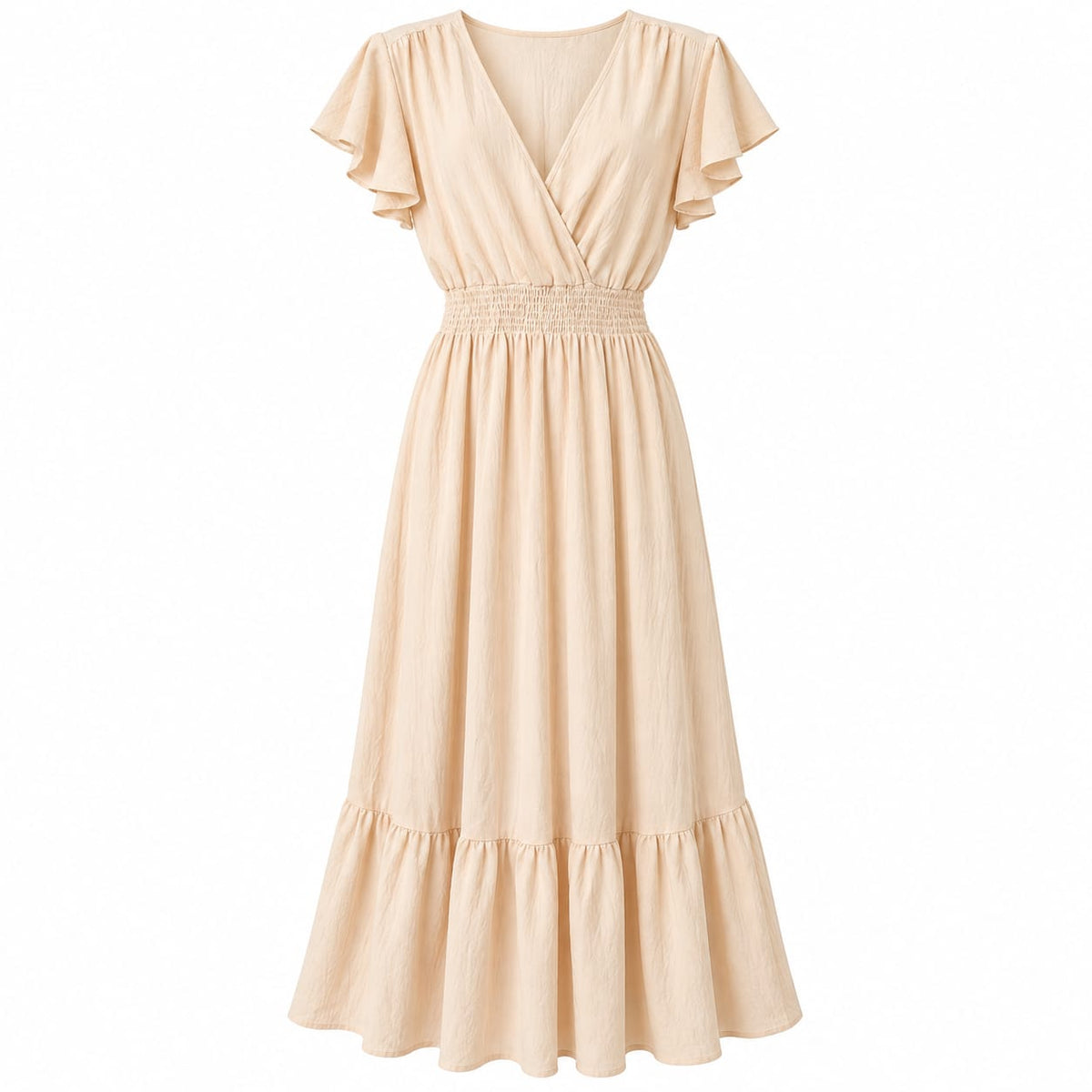 Rochie lunga crem cu decolteu in V si volane, S/M si L/XL - Lichidare stoc
