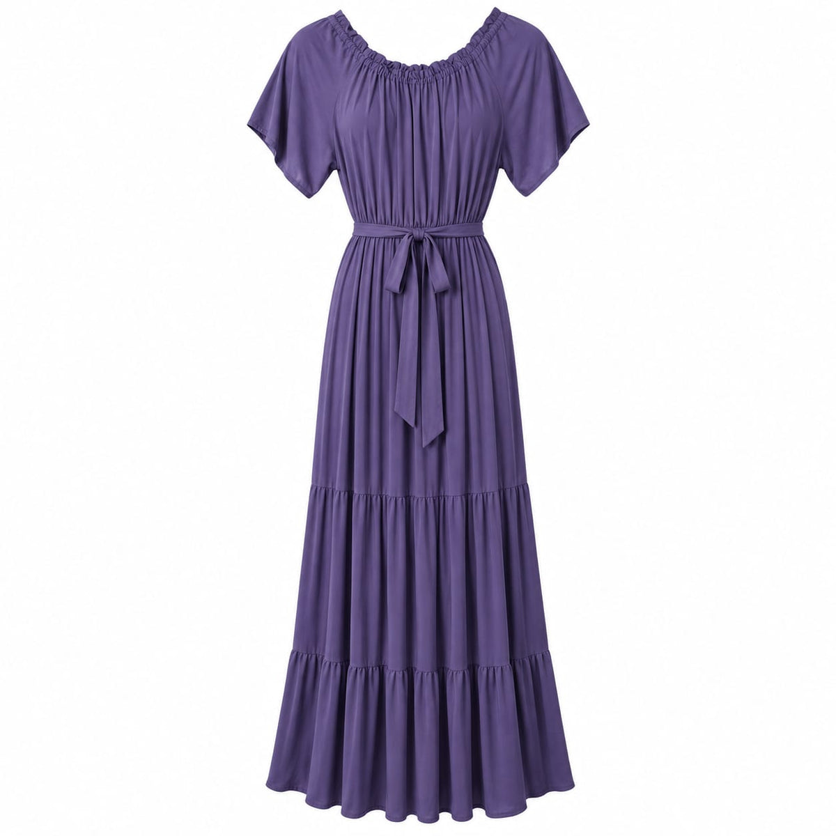 Rochie lunga mov cu volane si cordon, M/L si XL/2XL - Lichidare stoc