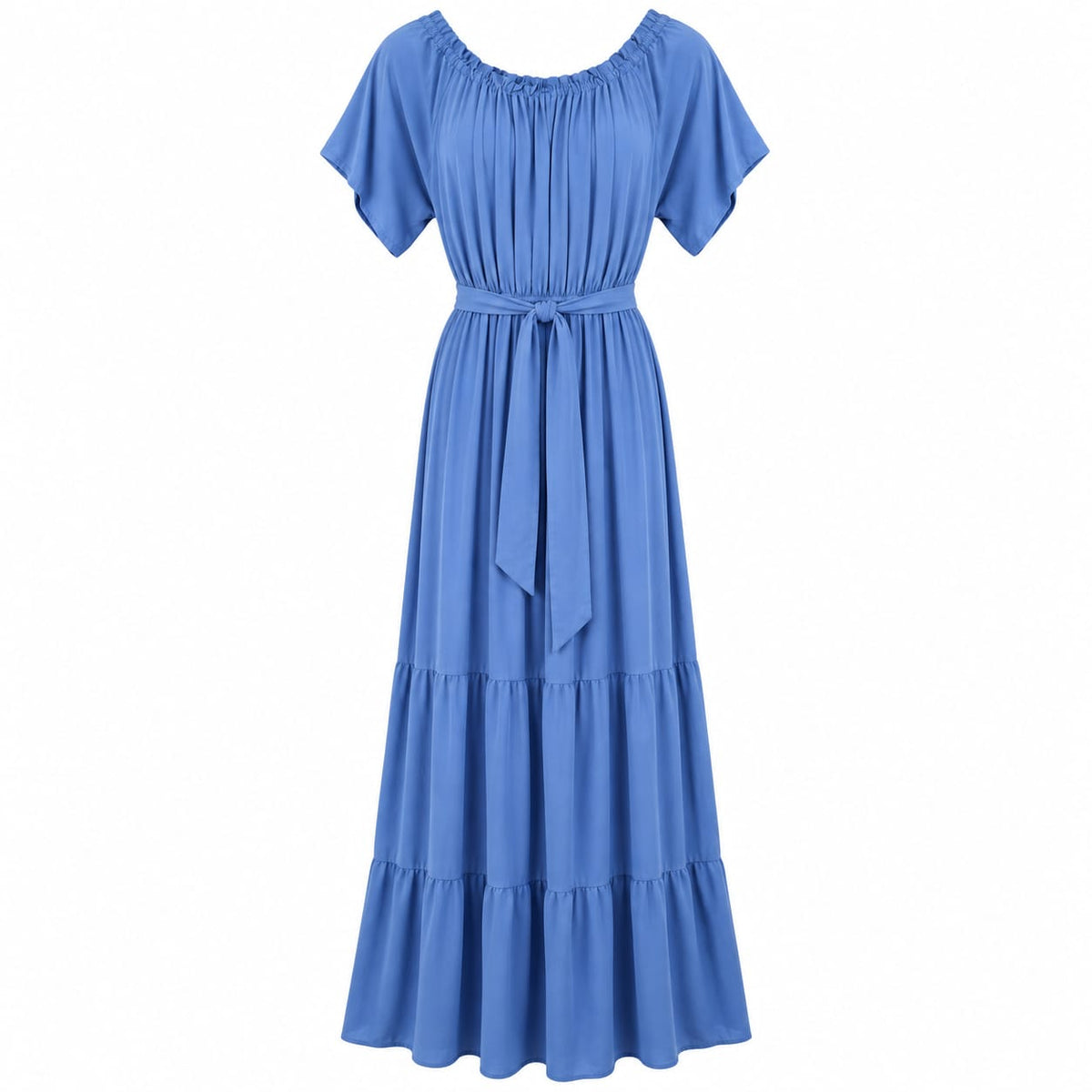 Rochie lunga albastra cu volane si cordon, M/L si XL/2XL - Lichidare stoc