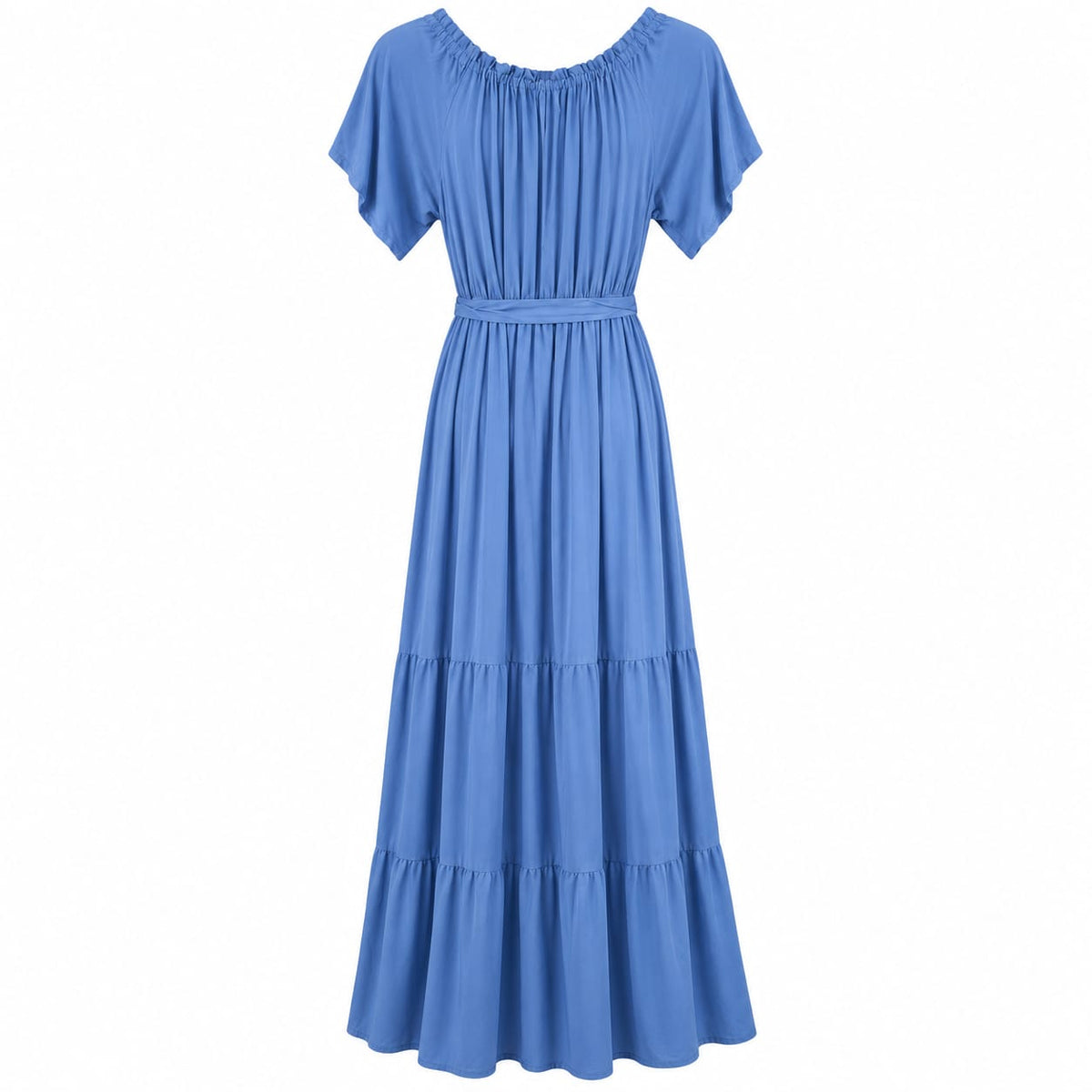 Rochie lunga albastra cu volane si cordon, M/L si XL/2XL - Lichidare stoc