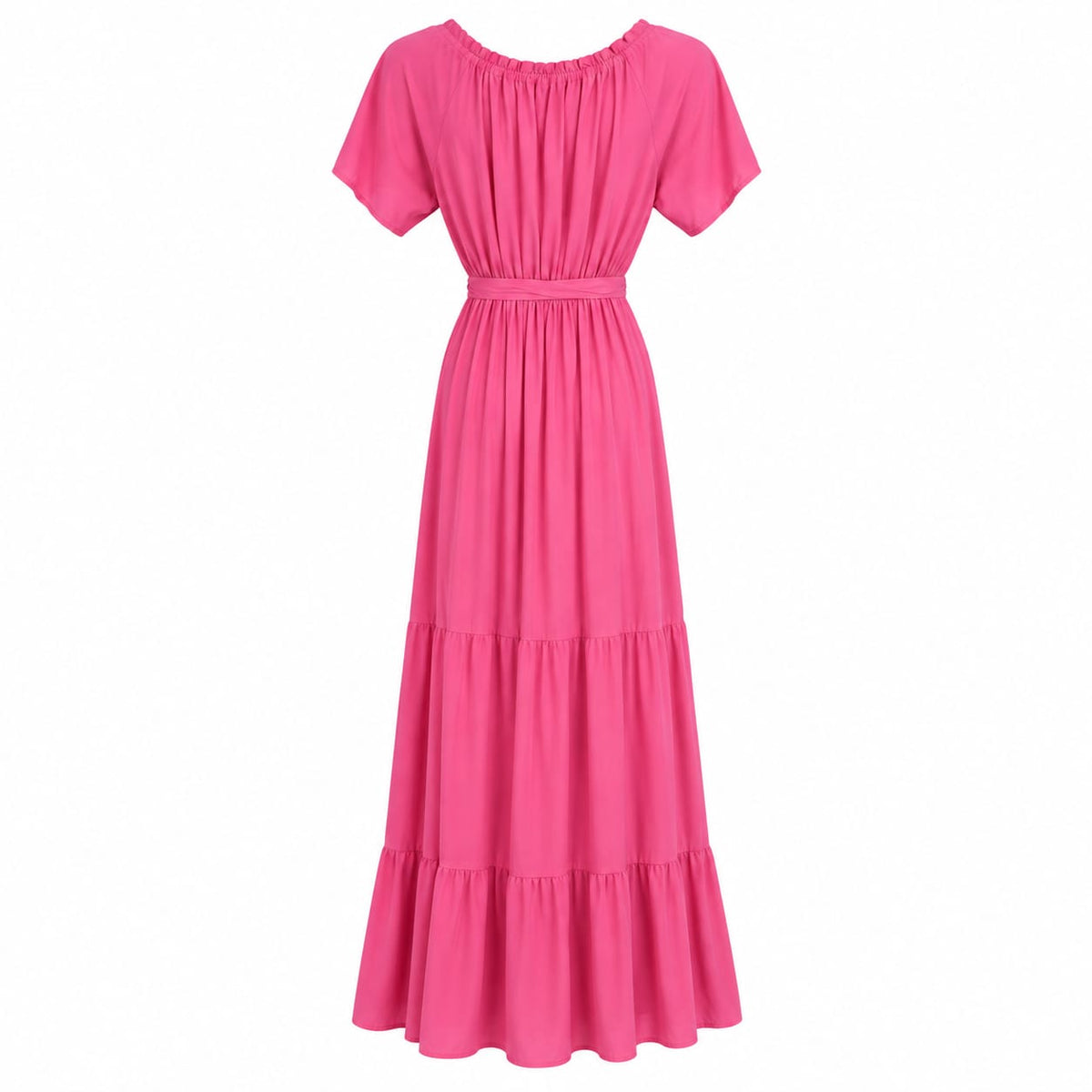 Rochie lunga roz fucsia cu volane si cordon, M/L - Lichidare stoc