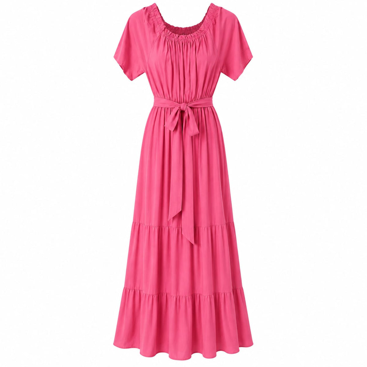 Rochie lunga roz fucsia cu volane si cordon, M/L - Lichidare stoc