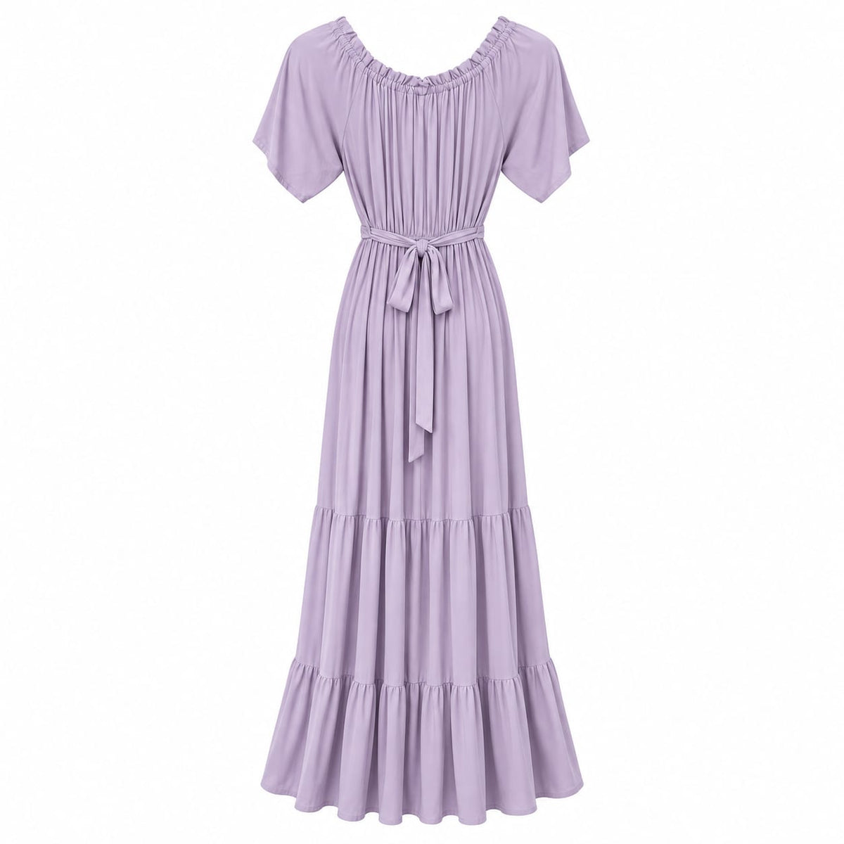 Rochie lunga bej cu volane si cordon, XL/2XL - Lichidare stoc