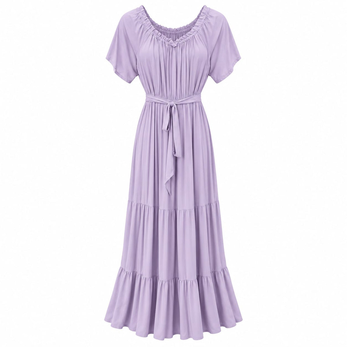 Rochie lunga bej cu volane si cordon, XL/2XL - Lichidare stoc