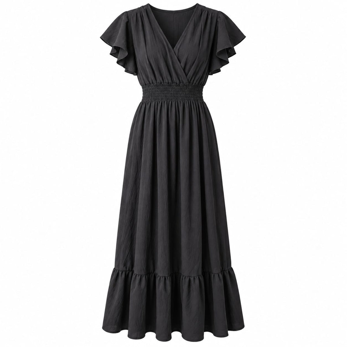 Rochie lunga neagra cu decolteu in V si volane, S/M - Lichidare stoc