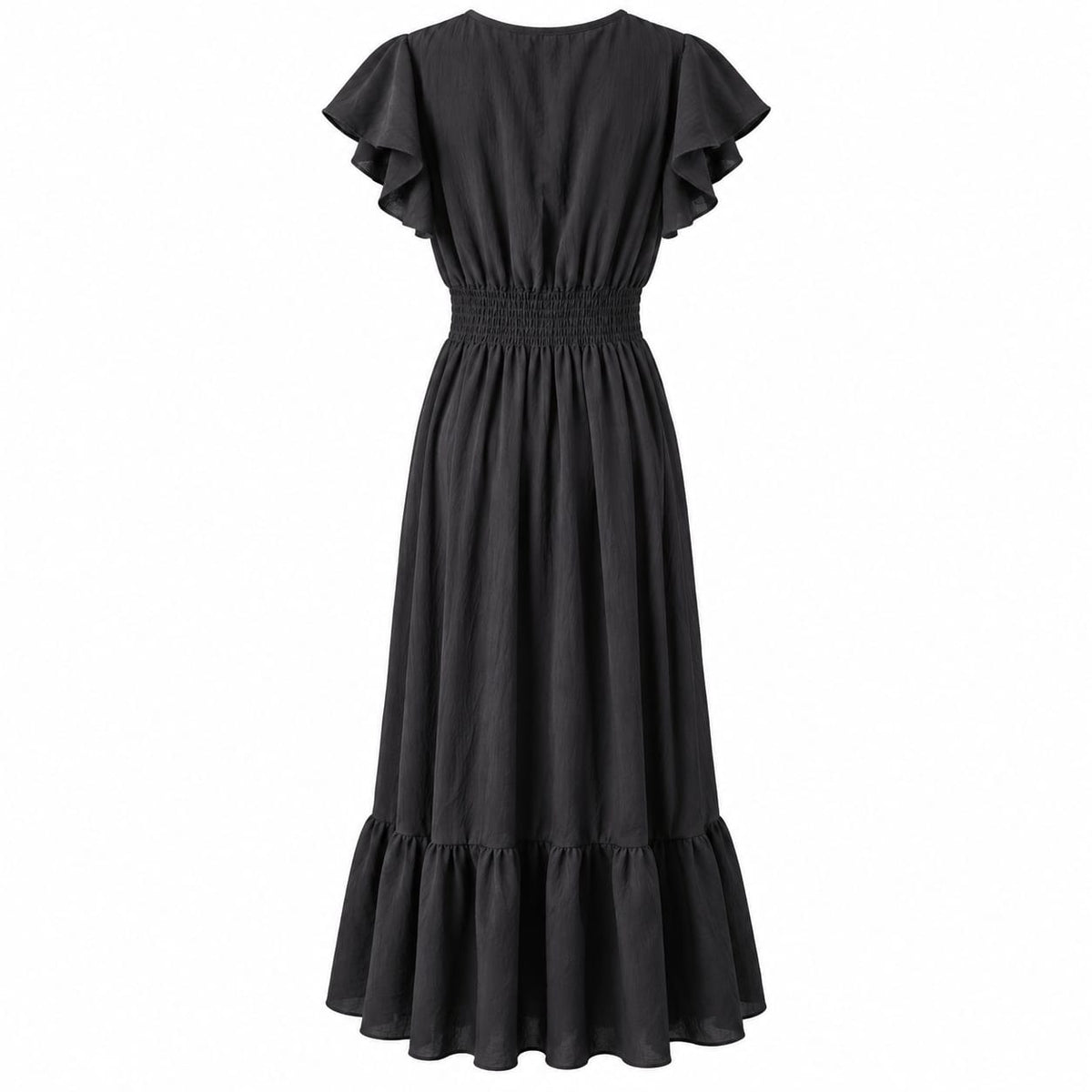 Rochie lunga neagra cu decolteu in V si volane, S/M - Lichidare stoc