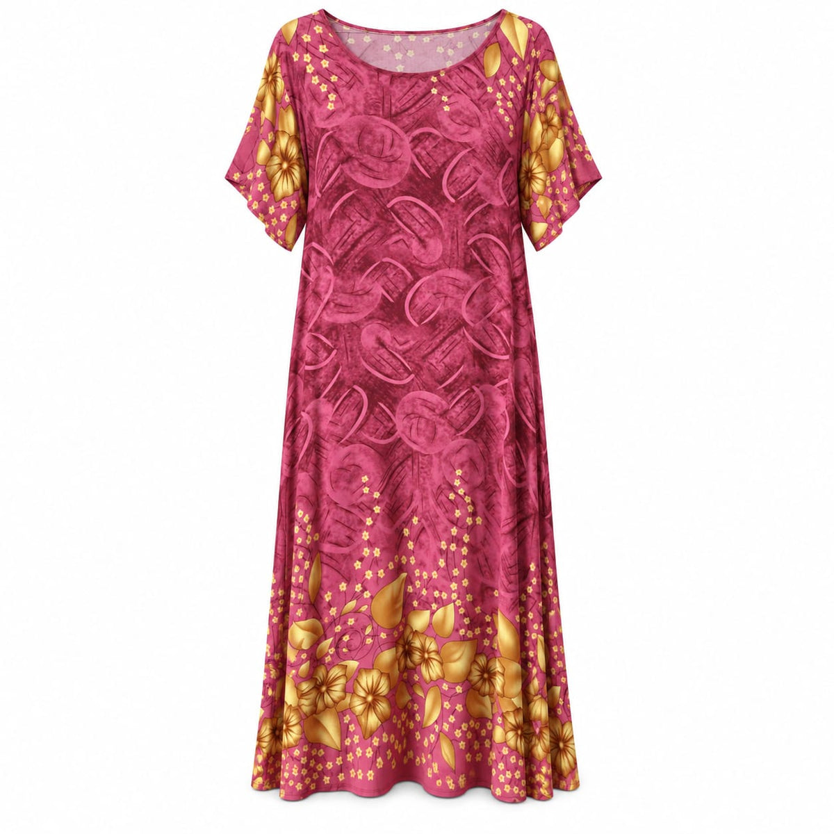 Rochie lunga dama roz inchis cu flori aurii, 6XL - Lichidare stoc