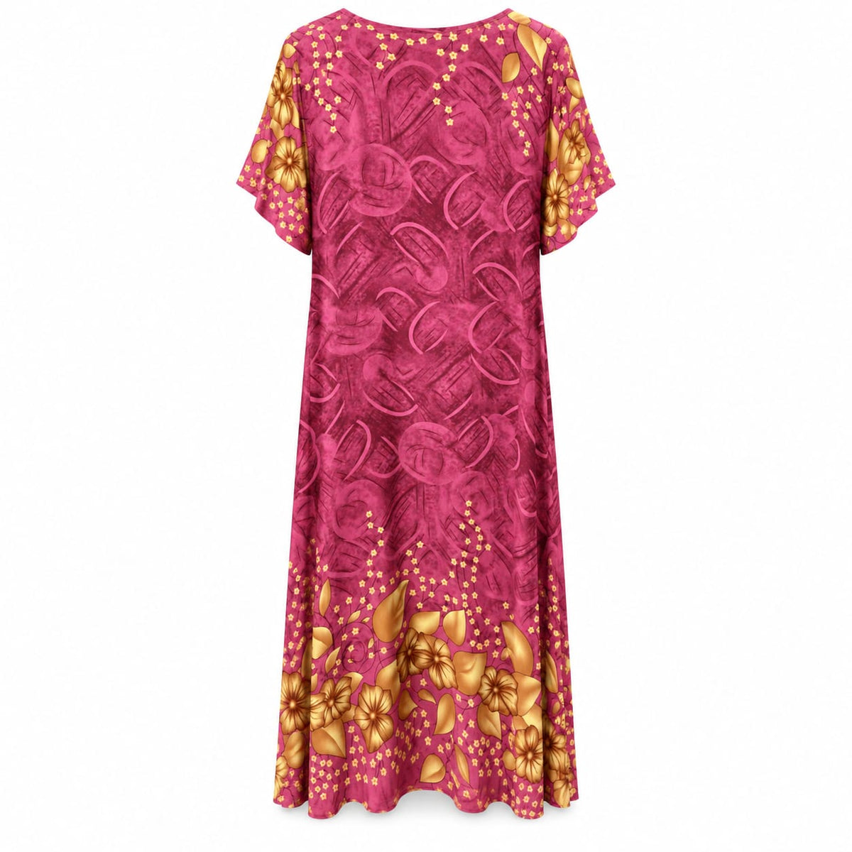 Rochie lunga dama roz inchis cu flori aurii, 6XL - Lichidare stoc