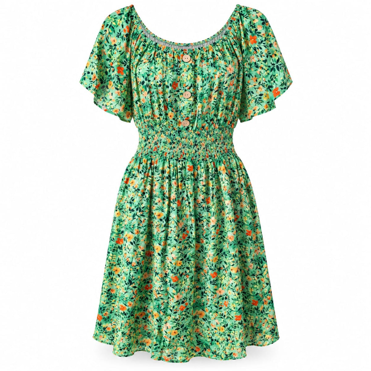 Rochie dama verde cu flori si talie elastica, L/XL si 2XL/3XL - Lichidare stoc
