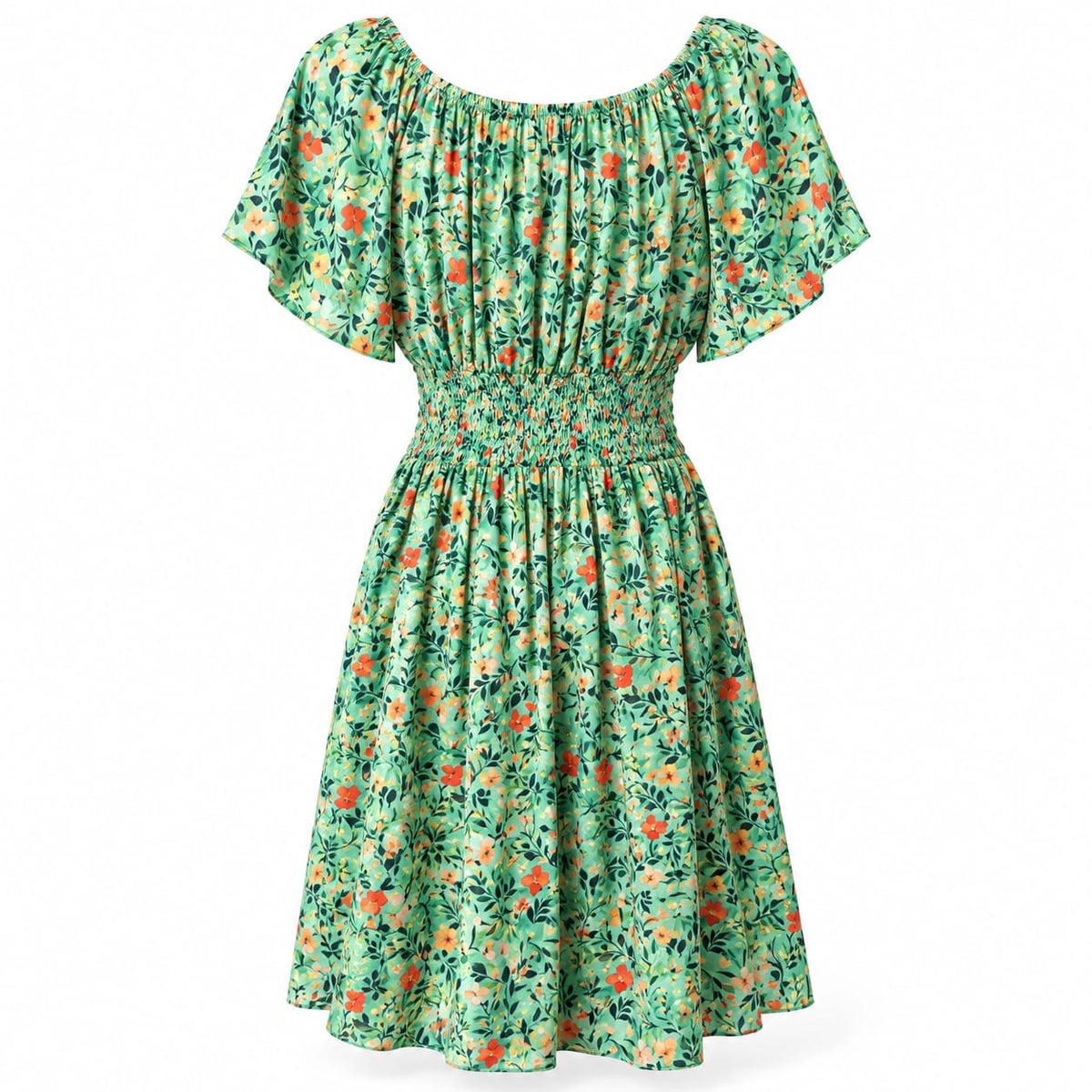 Rochie dama verde cu flori si talie elastica, L/XL si 2XL/3XL - Lichidare stoc