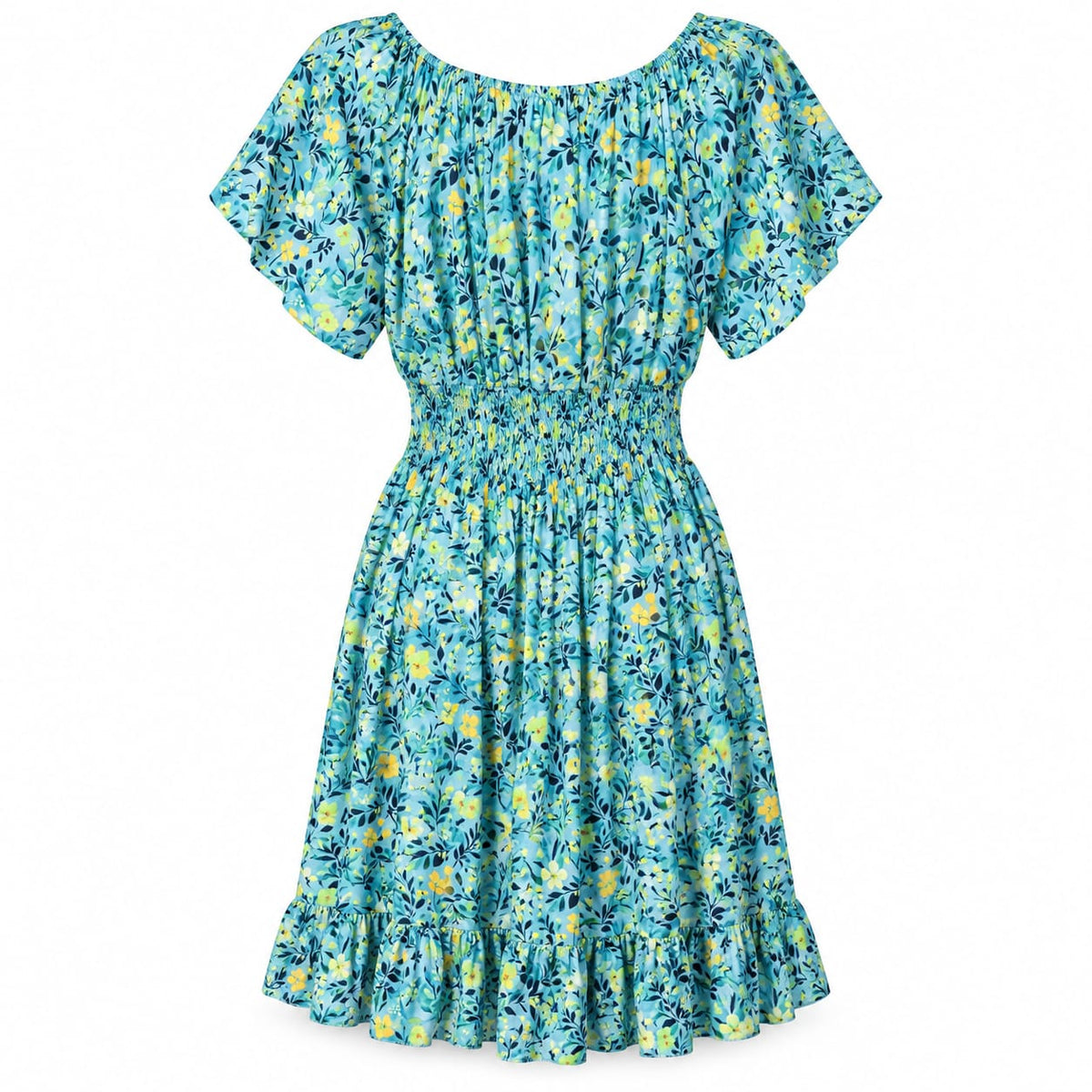 Rochie dama turcoaz cu flori galbene si volan, L/XL - Lichidare stoc