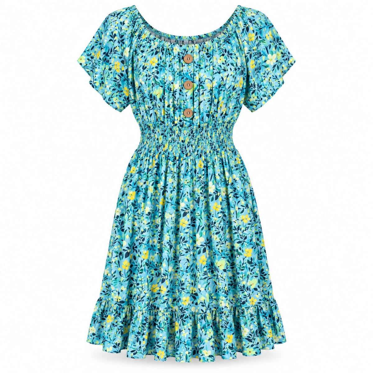 Rochie dama turcoaz cu flori galbene si volan, L/XL - Lichidare stoc