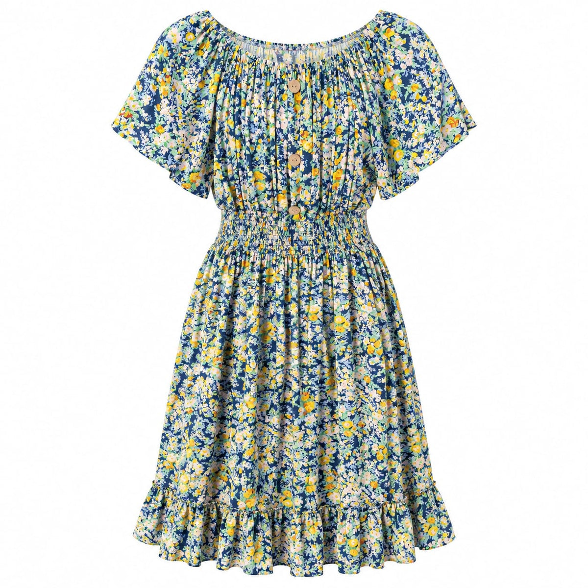Rochie dama bleumarin cu flori si volan, L/XL si 2XL/3XL - Lichidare stoc