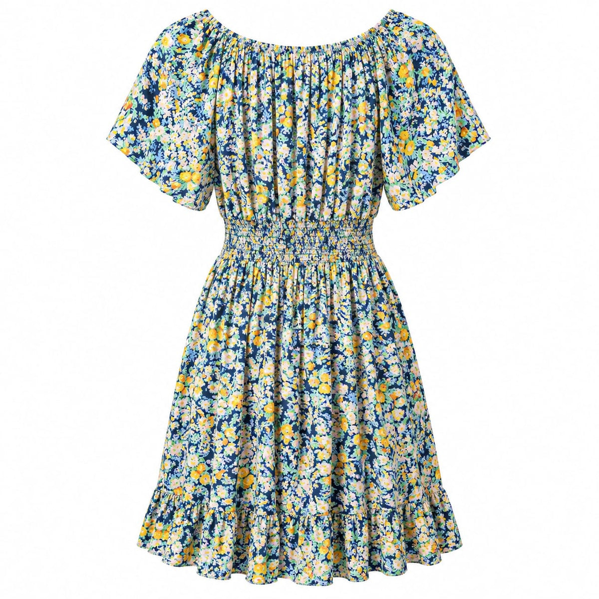 Rochie dama bleumarin cu flori si volan, L/XL si 2XL/3XL - Lichidare stoc