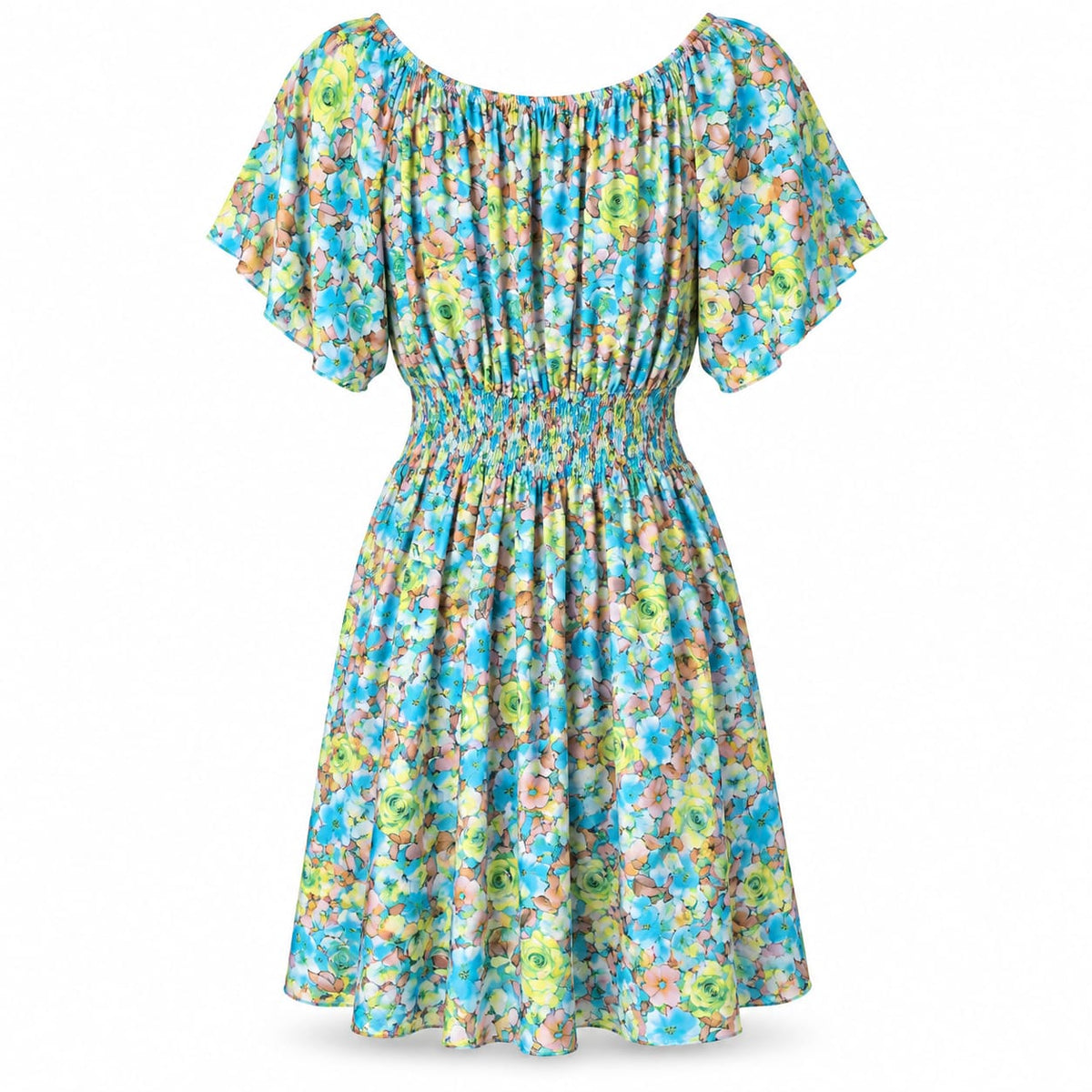 Rochie dama florala turcoaz cu talie elastica, L/XL - Lichidare stoc