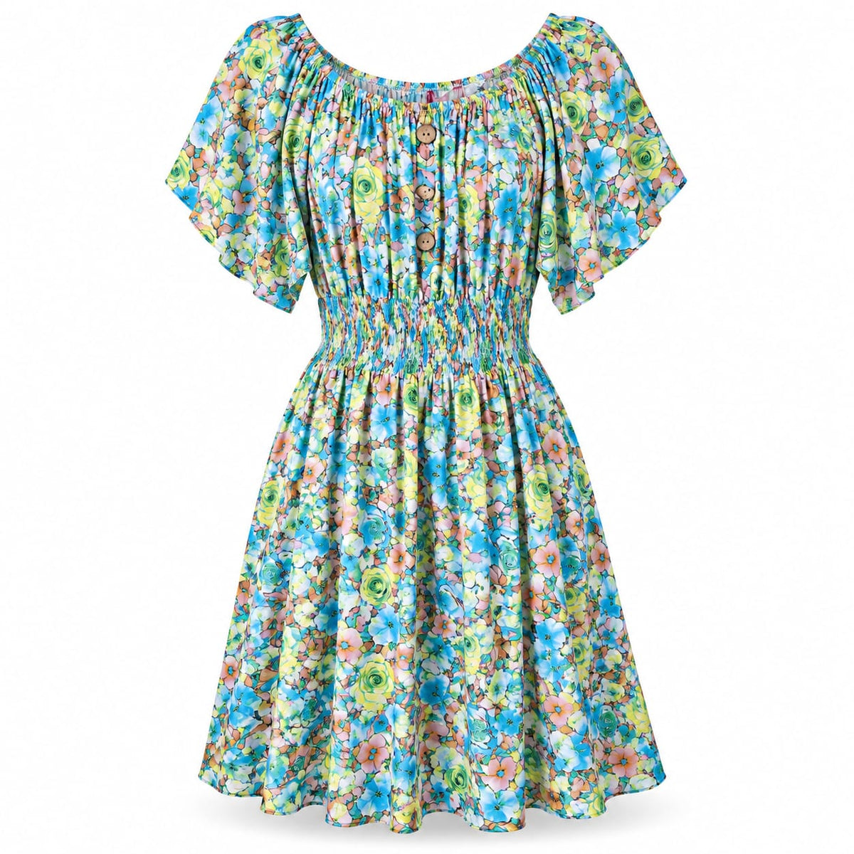 Rochie dama florala turcoaz cu talie elastica, L/XL - Lichidare stoc
