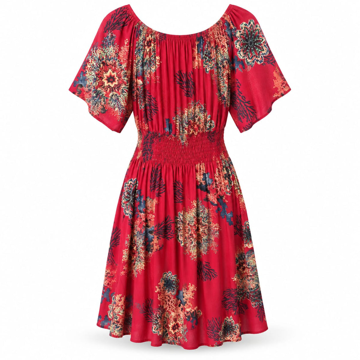 Rochie rosie cu imprimeu ornamental si talie elastica, L/XL - Lichidare stoc
