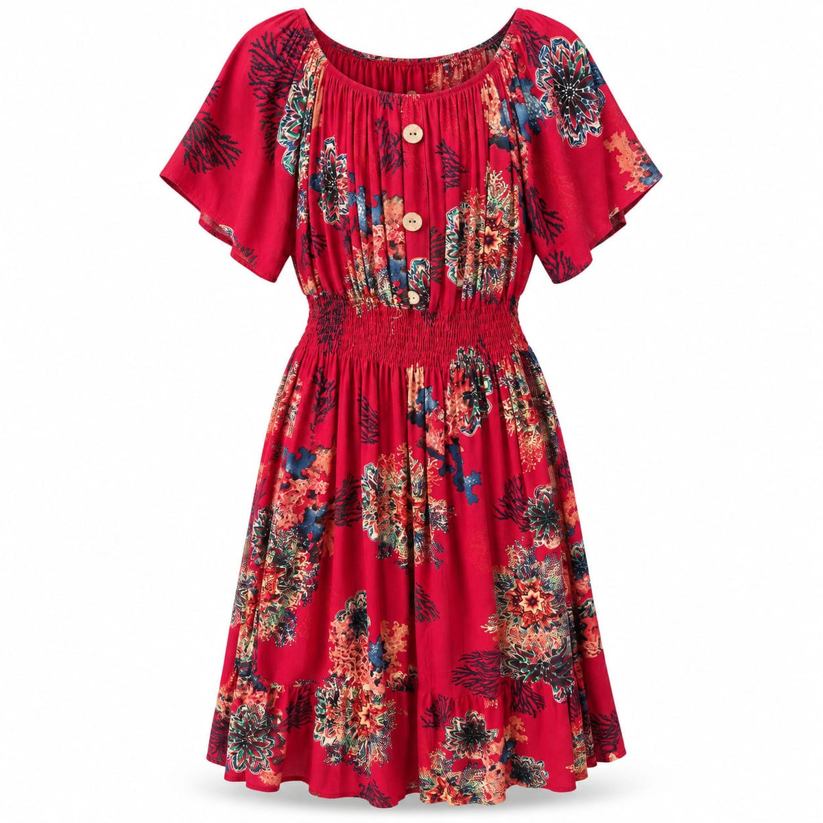 Rochie rosie cu imprimeu ornamental si talie elastica, L/XL - Lichidare stoc