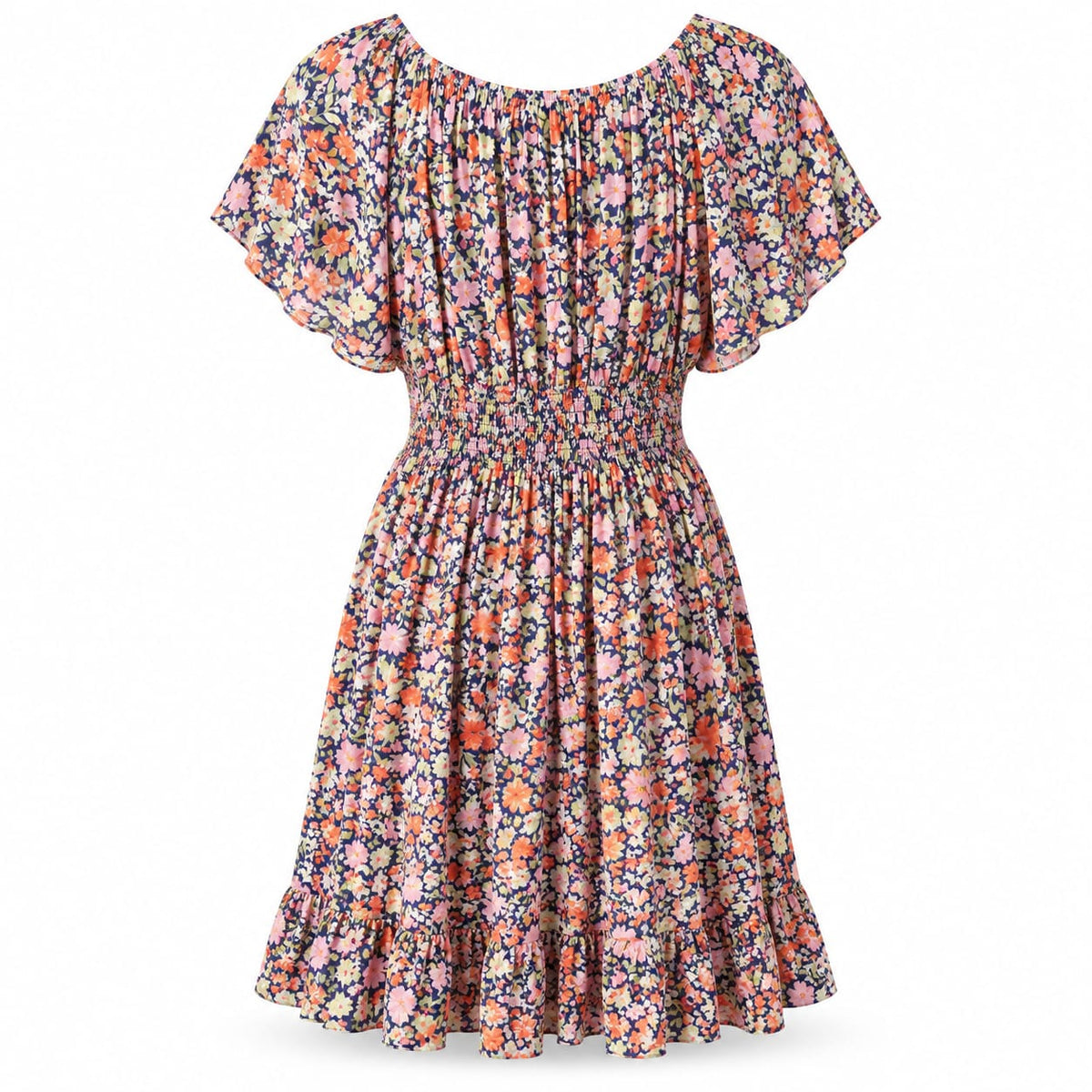 Rochie bleumarin cu flori roz si portocalii, L/XL si 2XL/3XL - Lichidare stoc