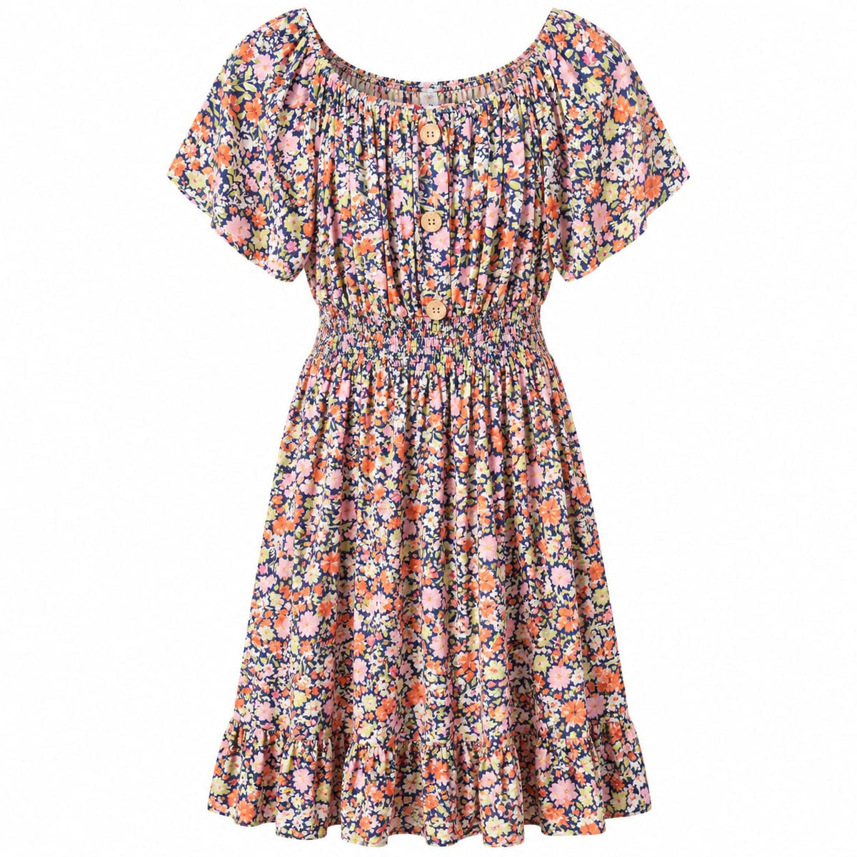 Rochie bleumarin cu flori roz si portocalii, L/XL si 2XL/3XL - Lichidare stoc