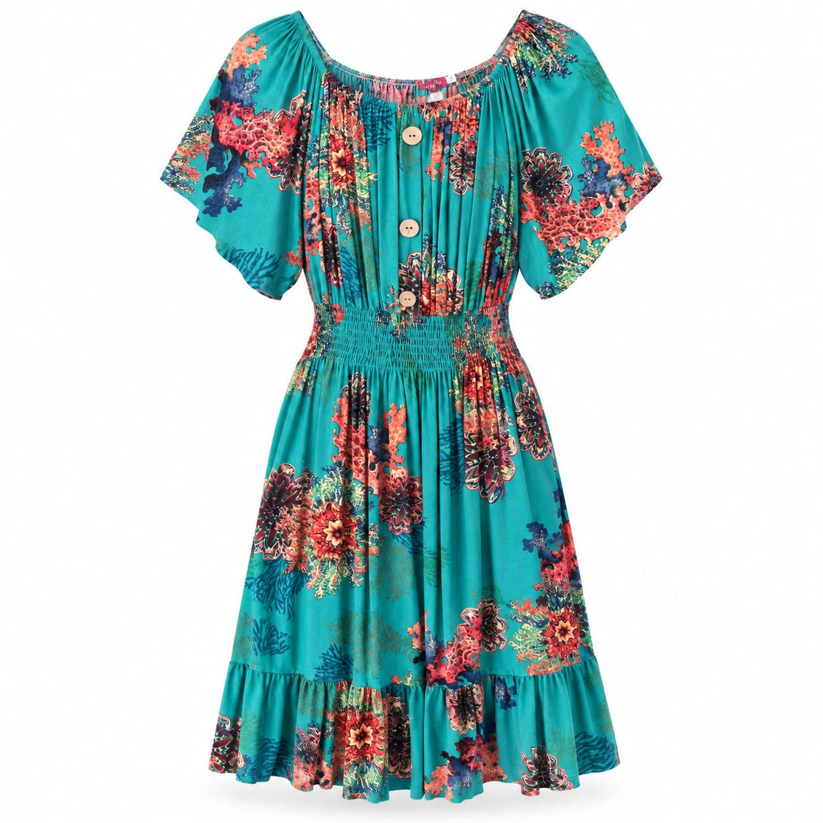 Rochie turcoaz cu imprimeu ornamental si volan, [marime] - Lichidare stoc