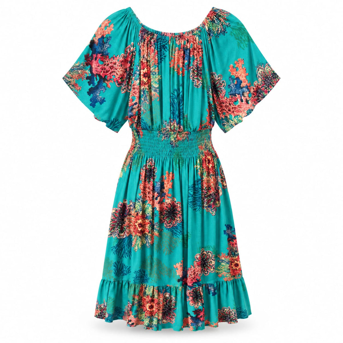 Rochie turcoaz cu imprimeu ornamental si volan, [marime] - Lichidare stoc