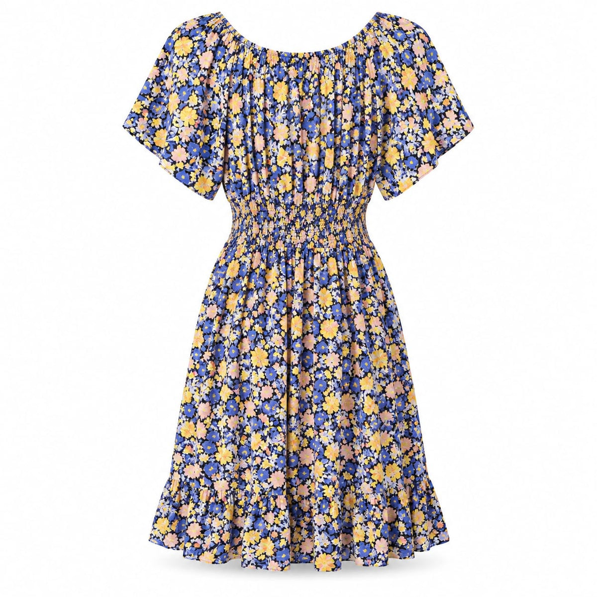 Rochie cu imprimeu floral albastru si galben, L/XL - Lichidare stoc