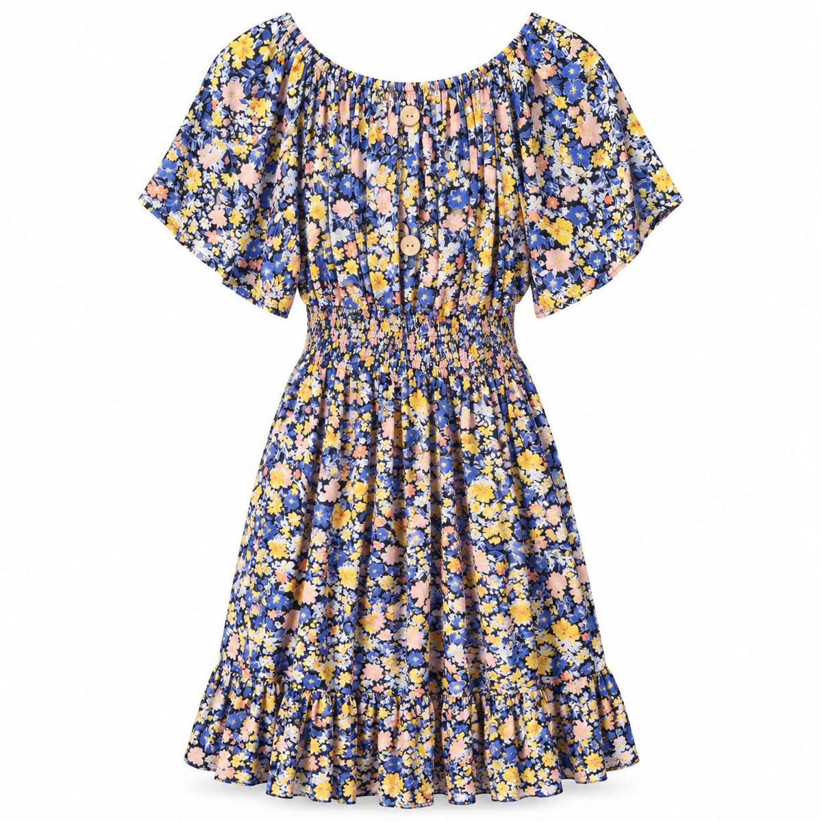 Rochie cu imprimeu floral albastru si galben, L/XL - Lichidare stoc