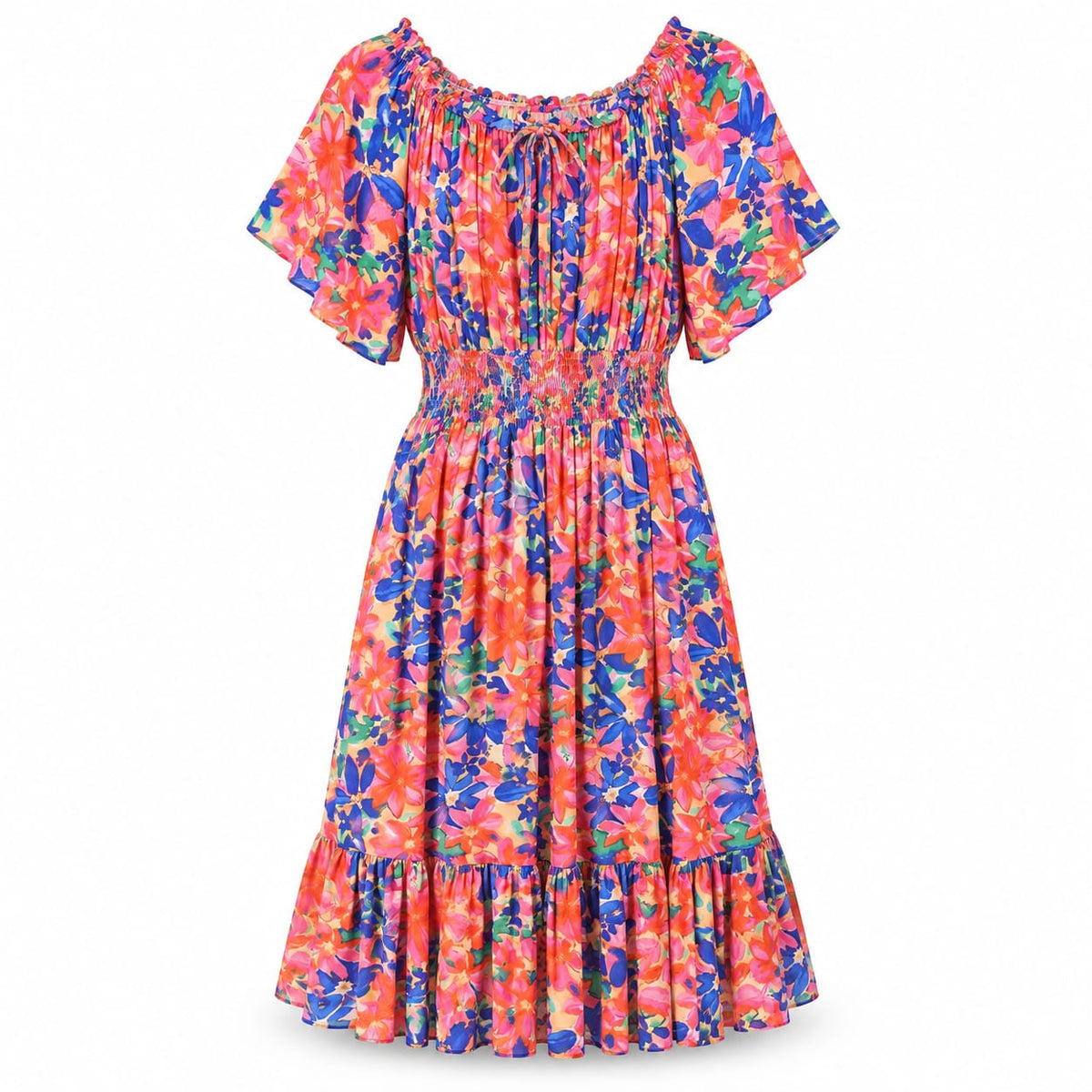 Rochie midi cu imprimeu floral corai si albastru, 2XL - Lichidare stoc