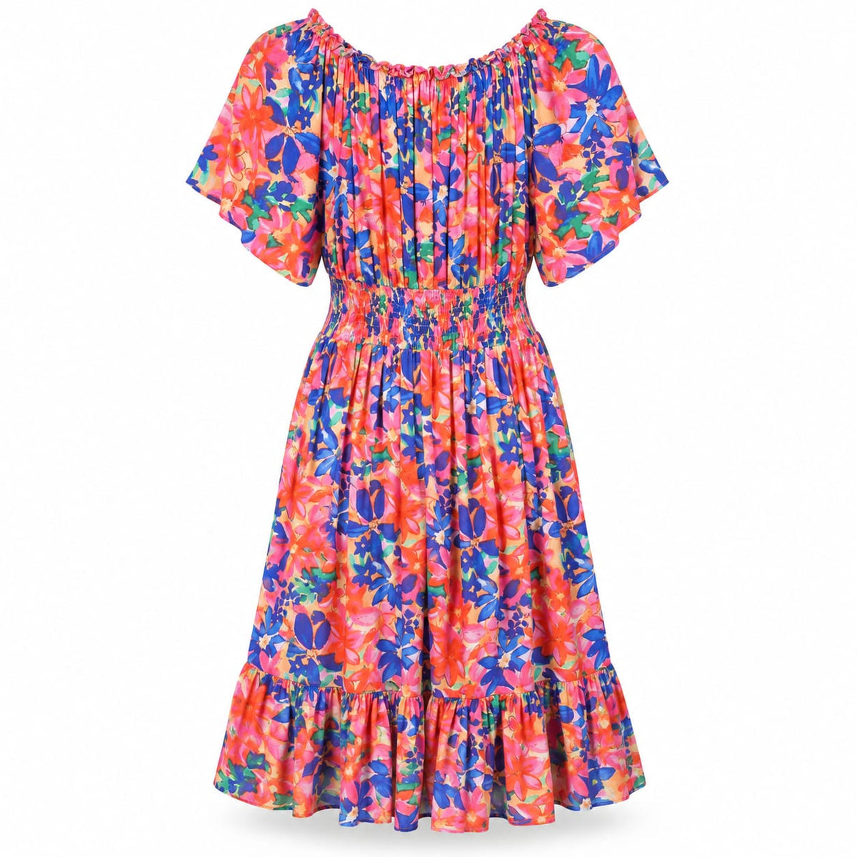 Rochie midi cu imprimeu floral corai si albastru, 2XL - Lichidare stoc