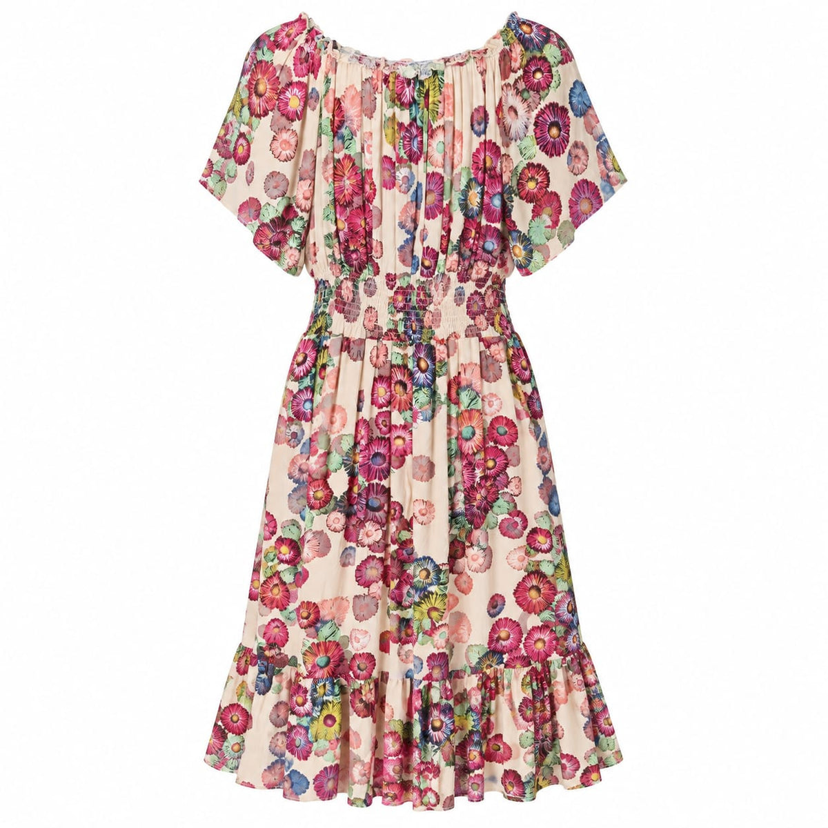 Rochie midi crem cu imprimeu floral si volan, XL - Lichidare stoc