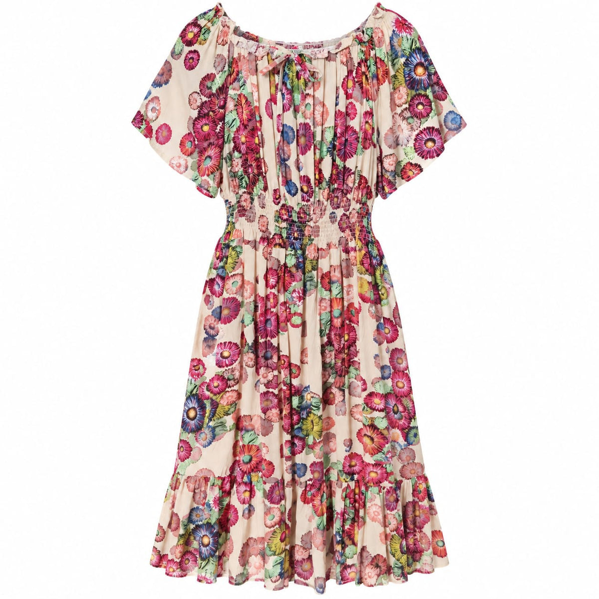 Rochie midi crem cu imprimeu floral si volan, XL - Lichidare stoc