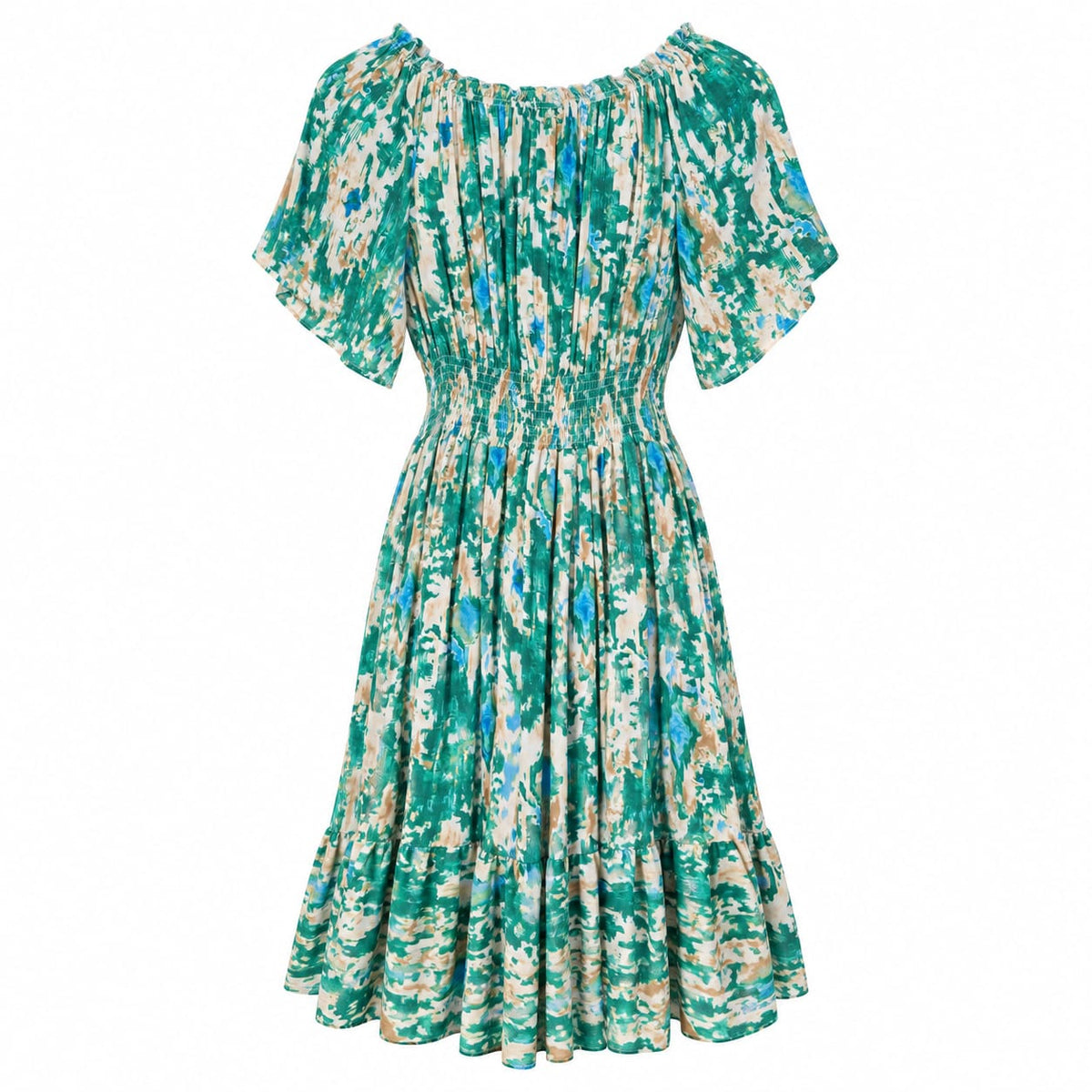 Rochie midi verde cu imprimeu abstract si volan, XL - Lichidare stoc
