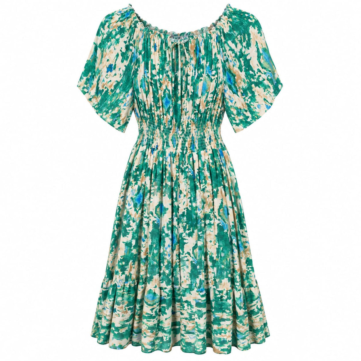 Rochie midi verde cu imprimeu abstract si volan, XL - Lichidare stoc