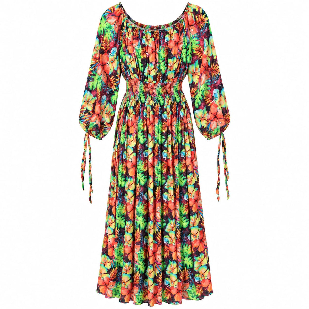Rochie lunga cu imprimeu tropical multicolor, L/XL - Lichidare stoc