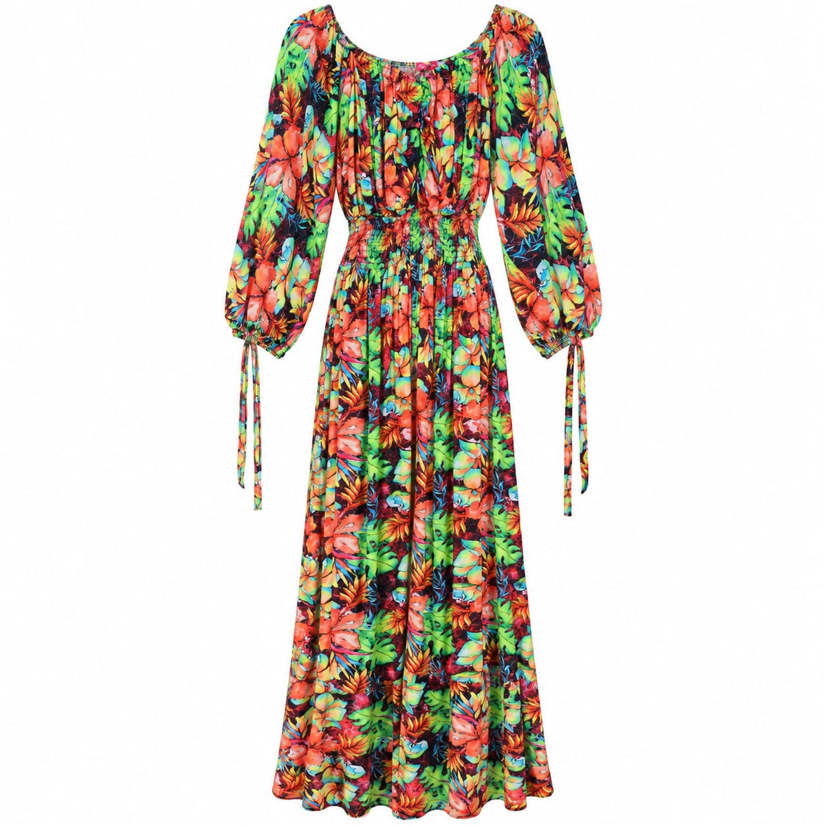 Rochie lunga cu imprimeu tropical multicolor, L/XL - Lichidare stoc