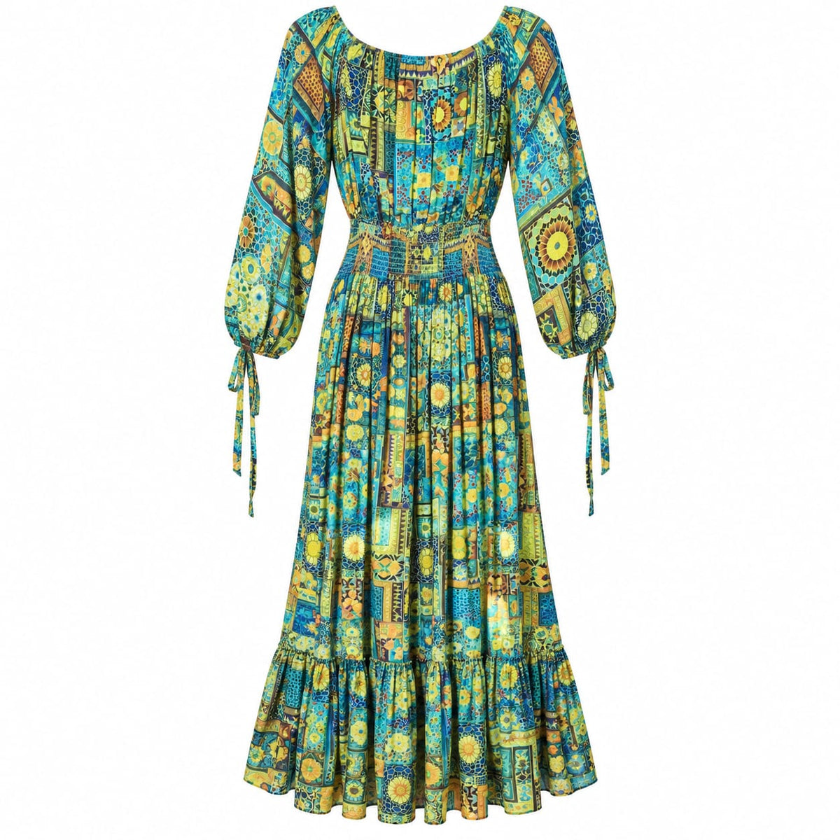Rochie lunga turcoaz cu imprimeu ornamental, L/XL - Lichidare stoc