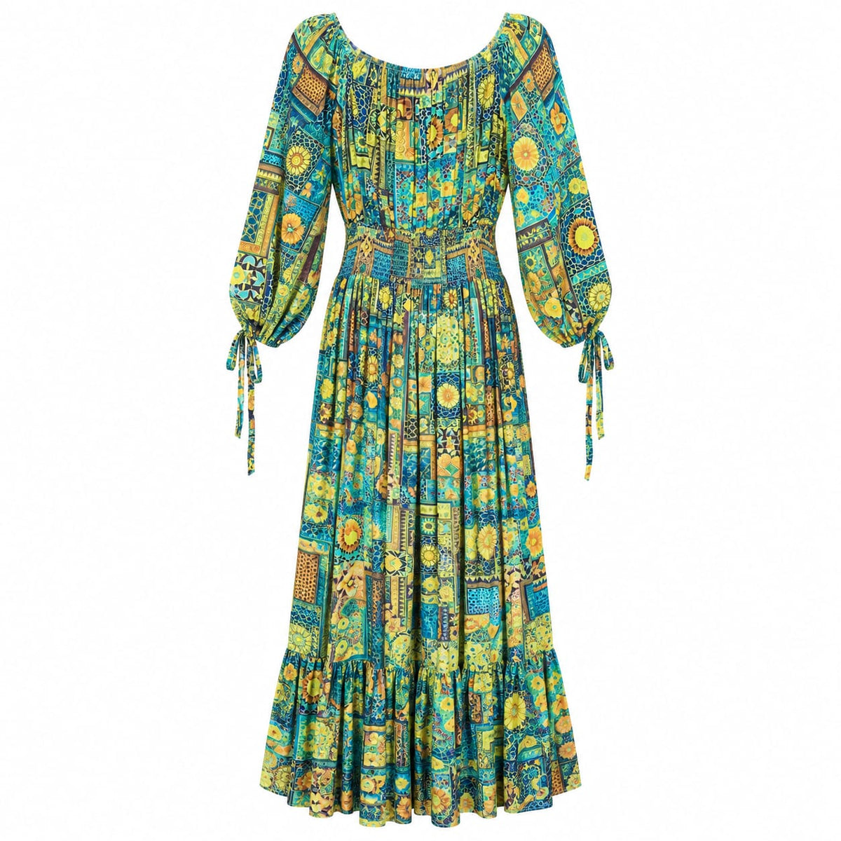 Rochie lunga turcoaz cu imprimeu ornamental, L/XL - Lichidare stoc