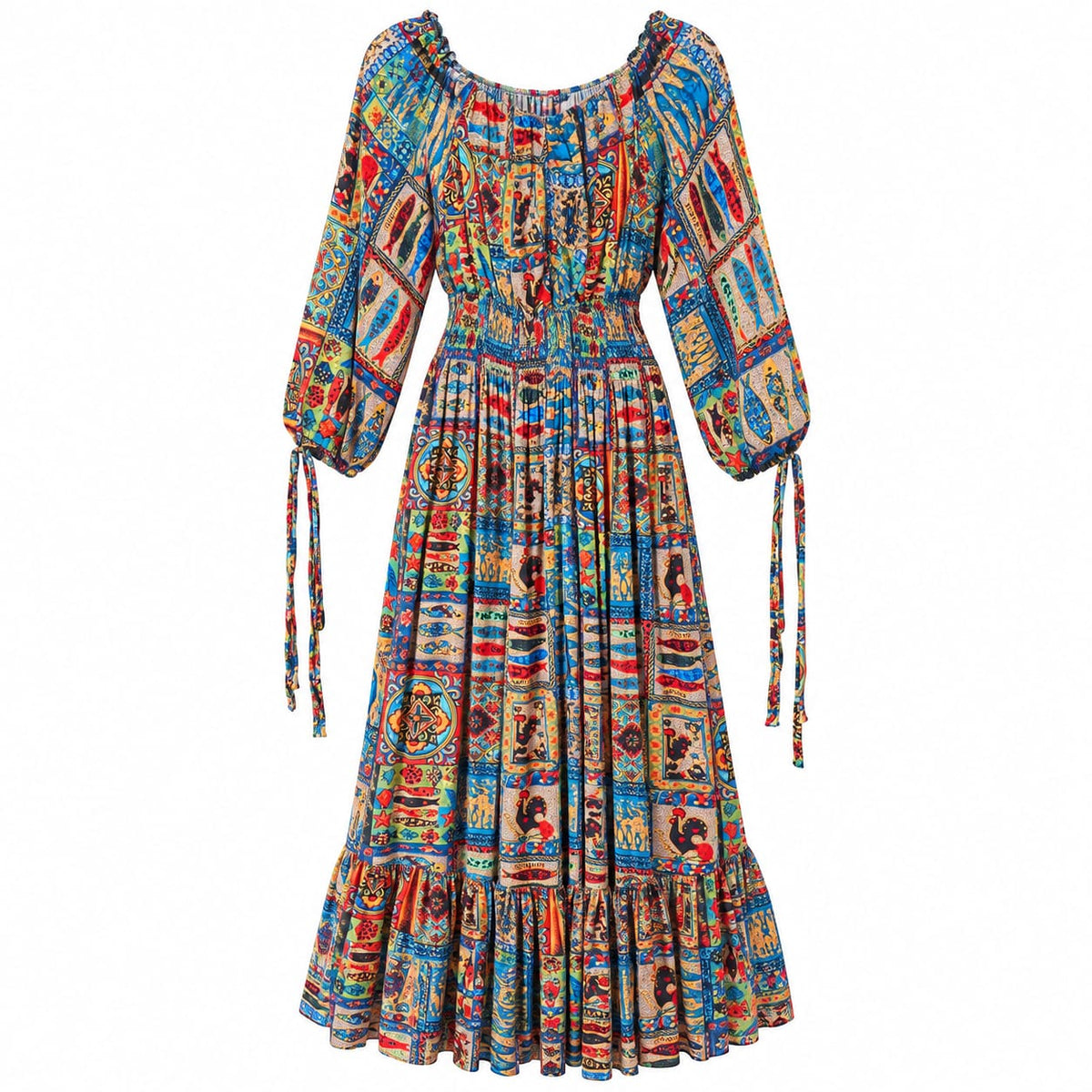 Rochie lunga albastra cu imprimeu patchwork, L/XL - Lichidare stoc