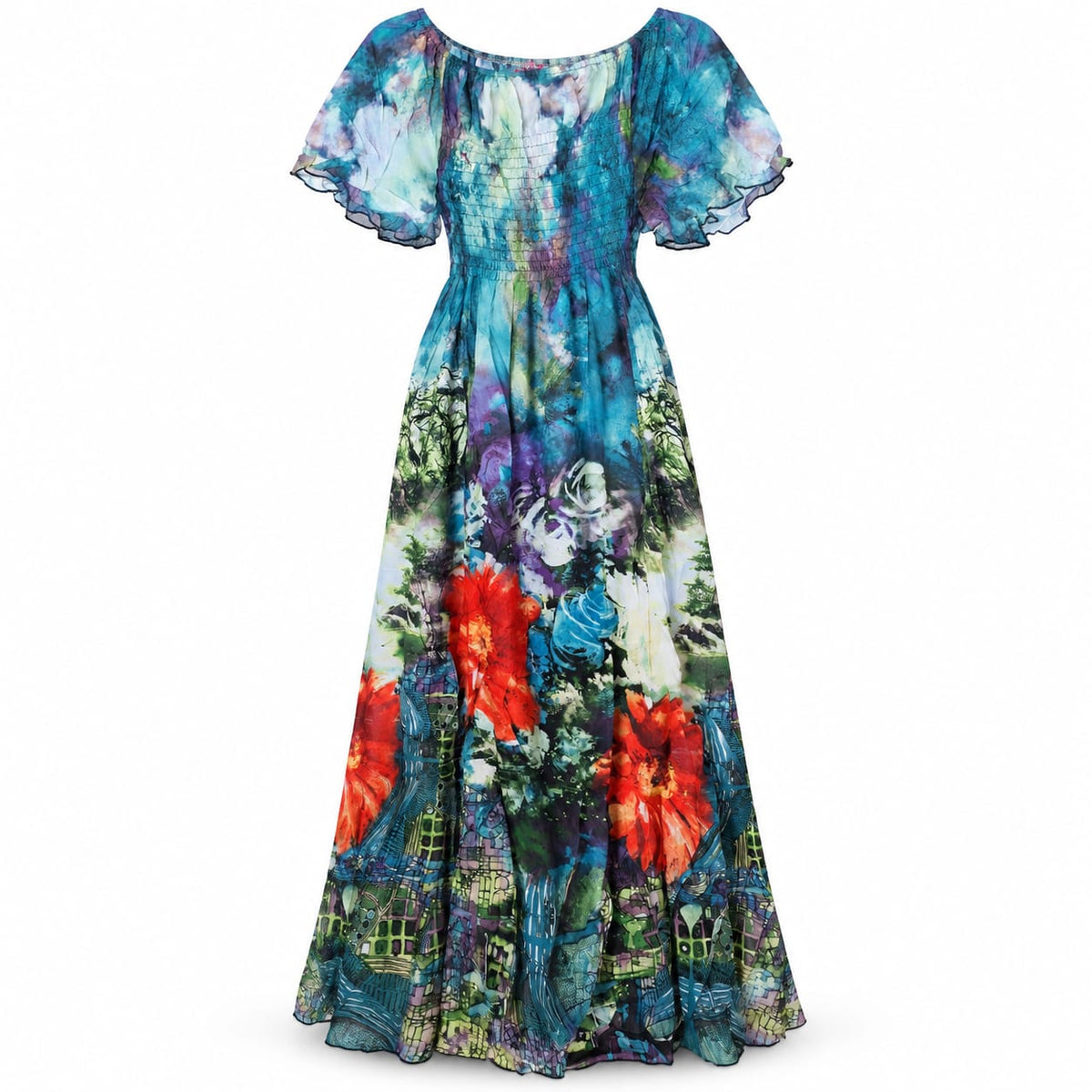 Rochie lunga cu imprimeu floral multicolor, 3XL - Lichidare stoc