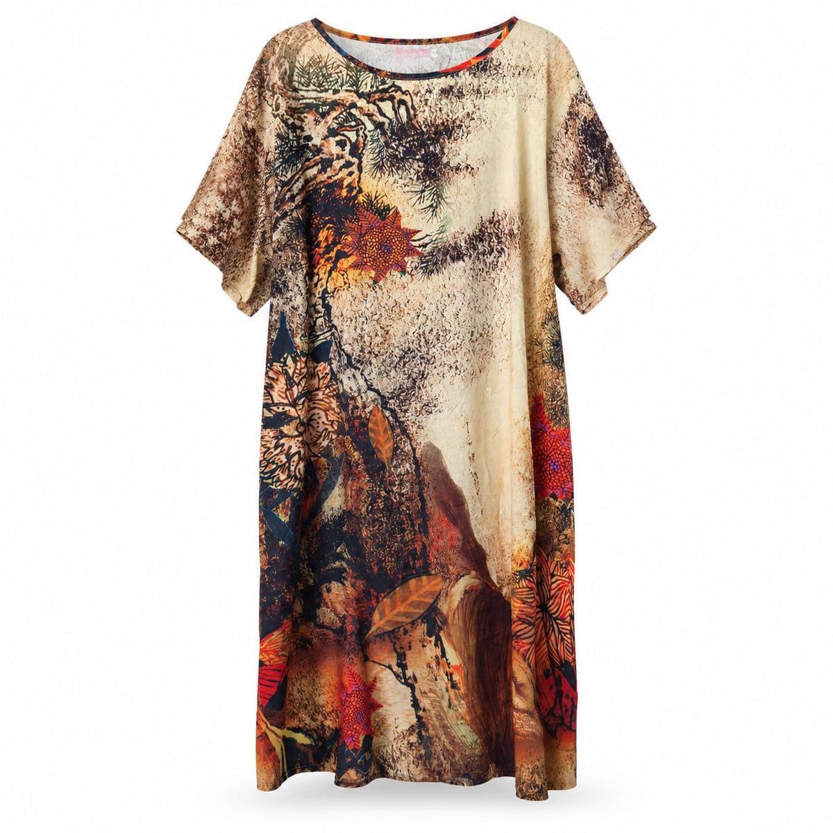 Rochie midi lejera cu imprimeu bej si maro, 3XL - Lichidare stoc