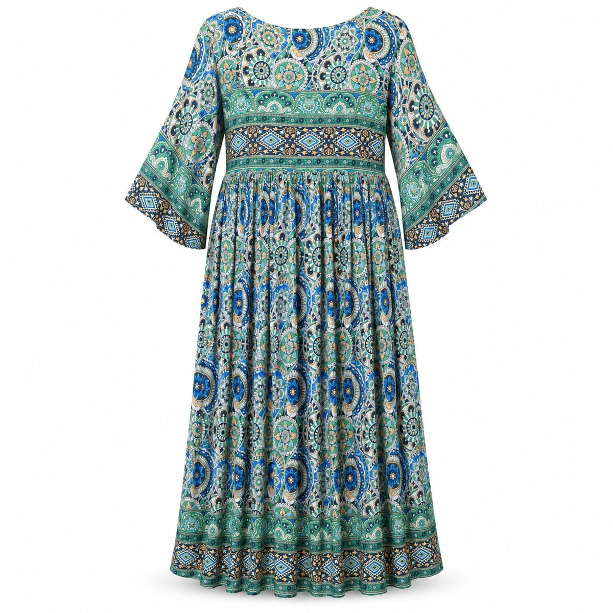 Rochie lunga albastra cu imprimeu ornamental, M/L - Lichidare stoc